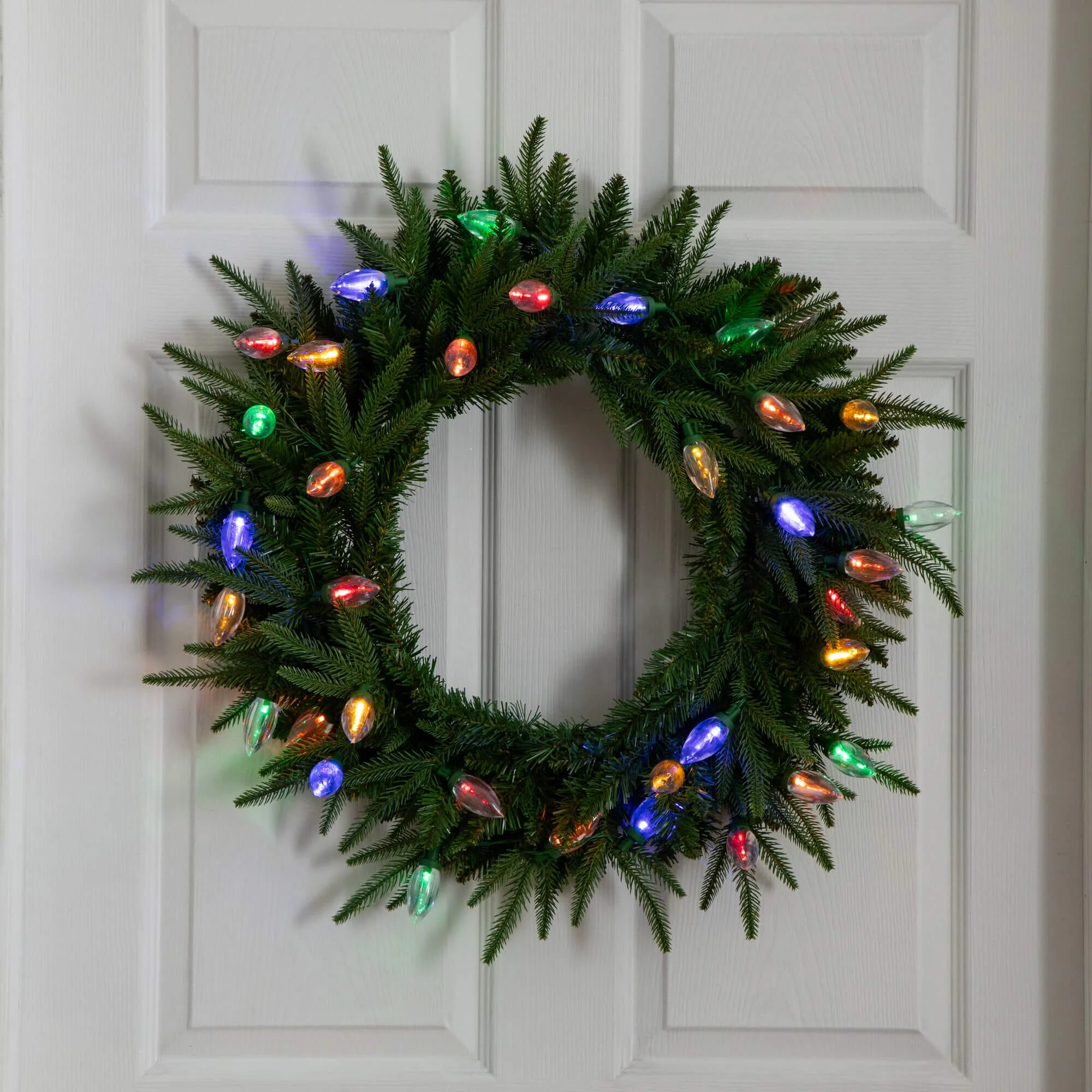 24" Pre-Lit Artificial Luxembourg Pine Christmas Wreath with 35 Multicolored Traditional Bulb LED Lights - Image 7