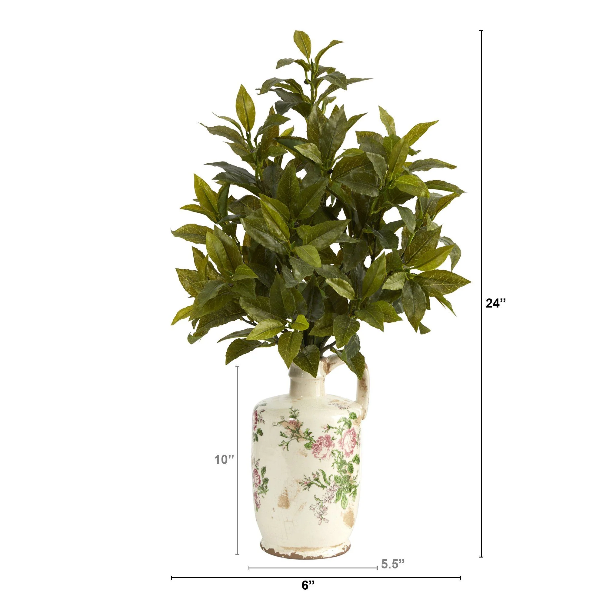 24” Coffee Leaf Artificial Plant in Floral Pitcher (Real Touch) - Image 3