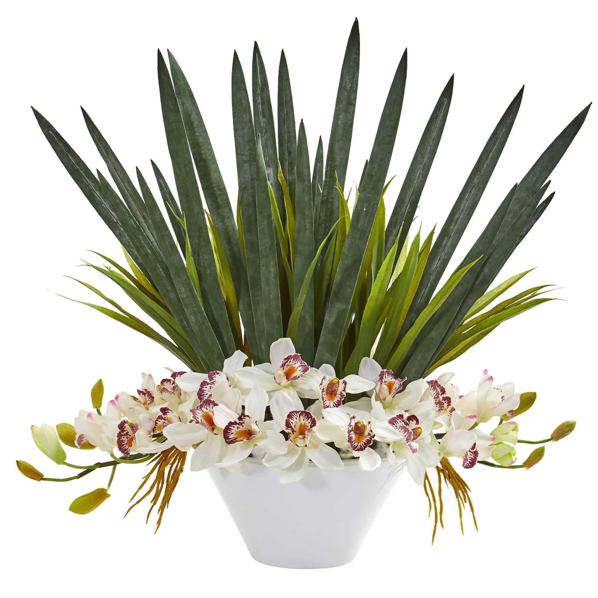 Cymbidium Orchid Artificial Arrangement in White Bowl - Image 2