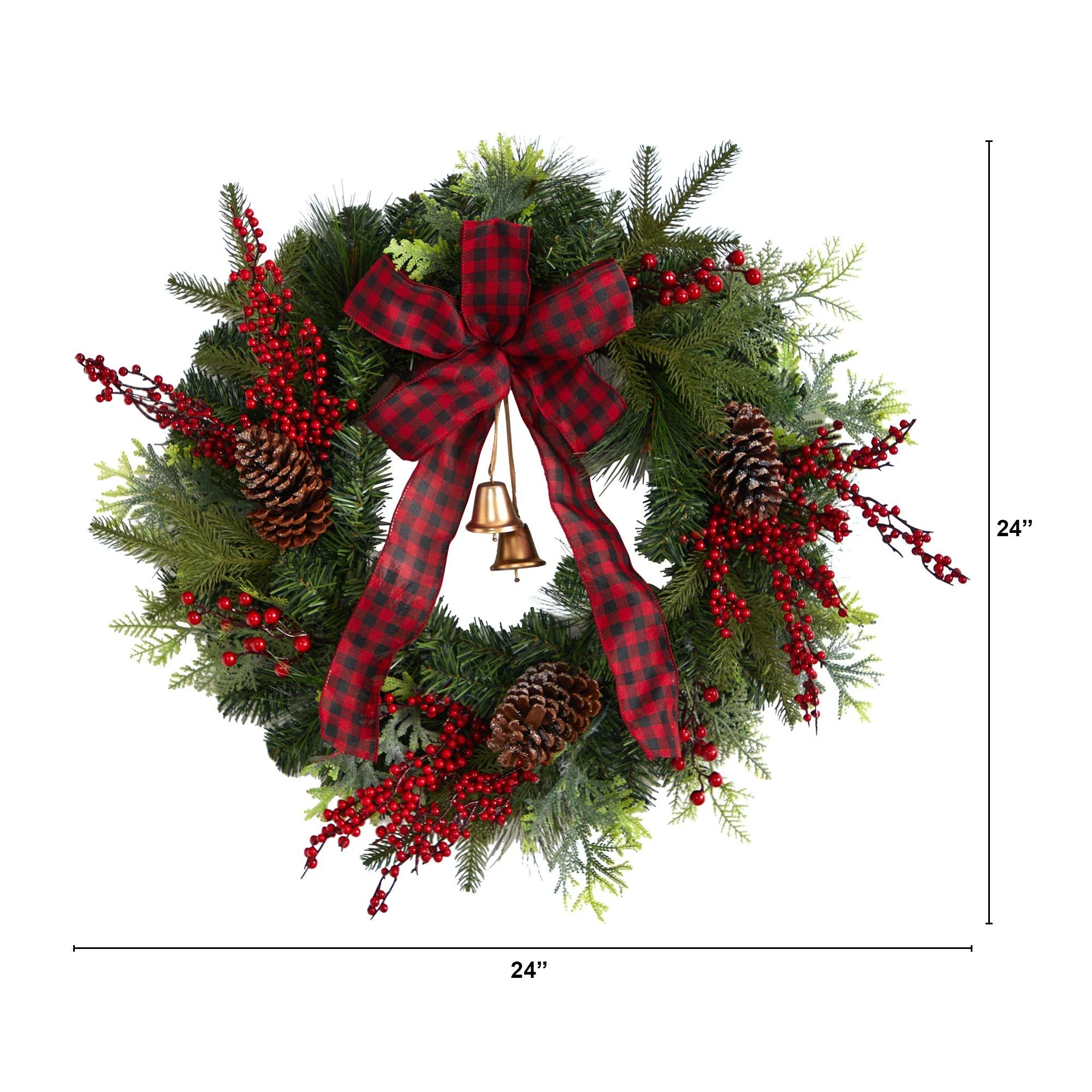 24” Decorated Christmas Artificial Wreath with Bow and 130 Bendable Branches - Image 3
