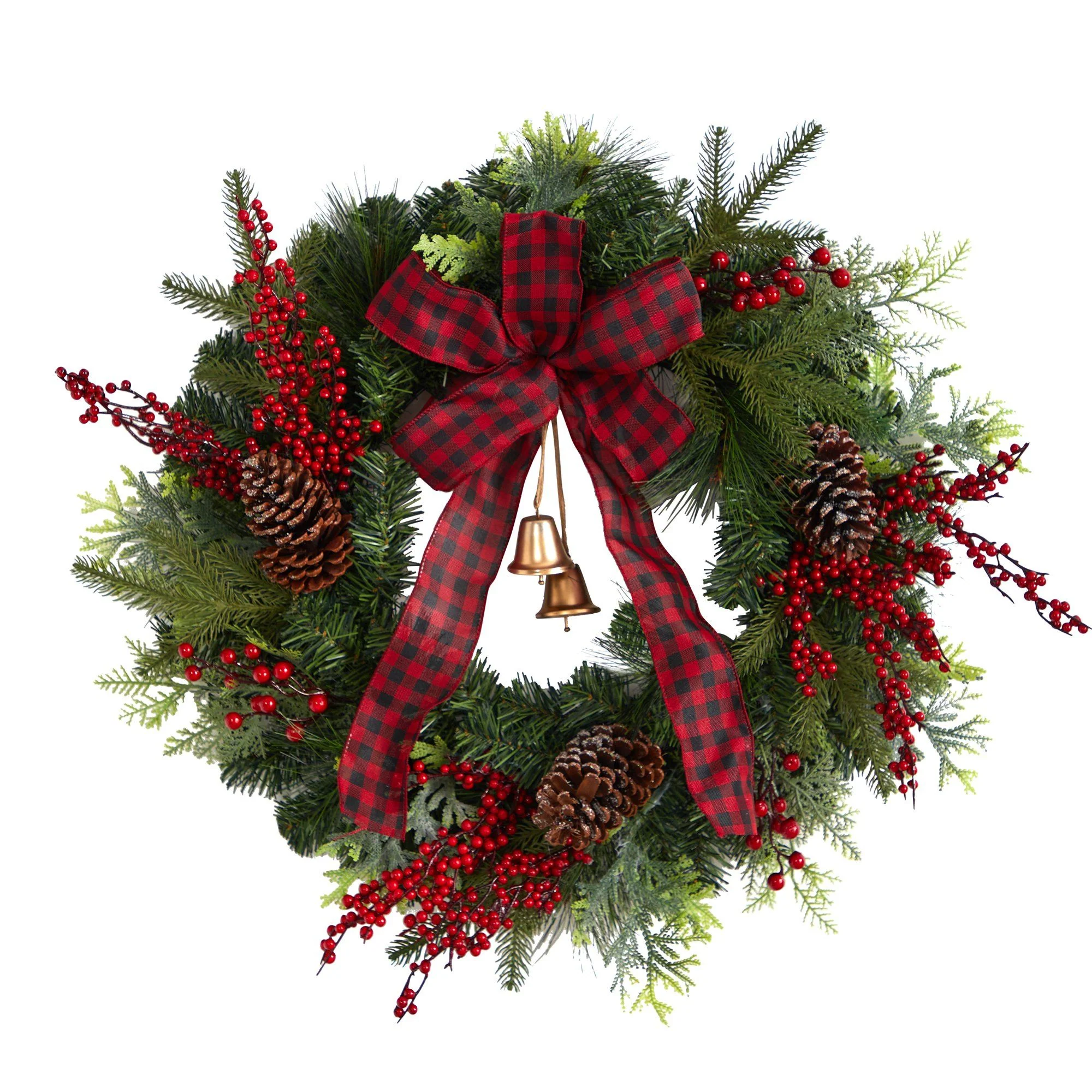 24” Decorated Christmas Artificial Wreath with Bow and 130 Bendable Branches - Image 5