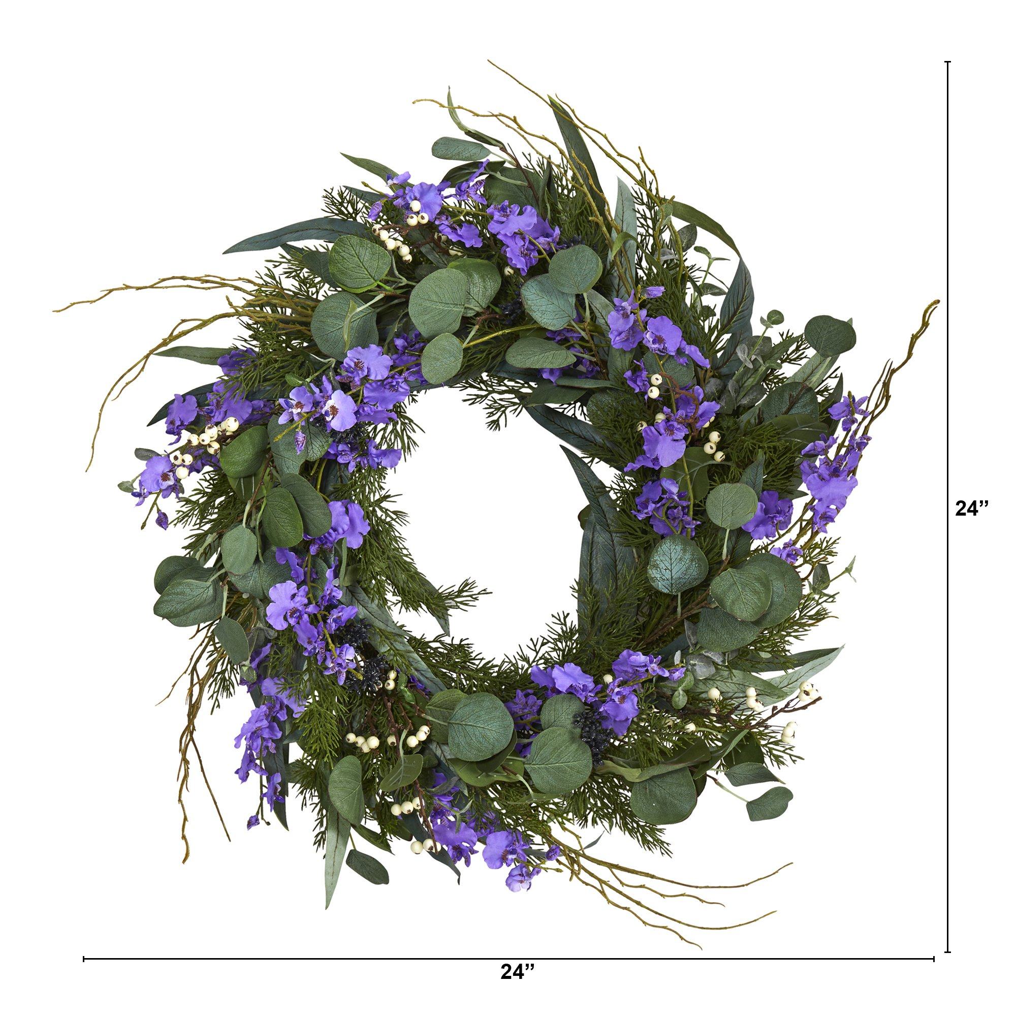 24” Eucalyptus, Dancing Lady Orchid and Mixed Greens Artificial Wreath - Image 5