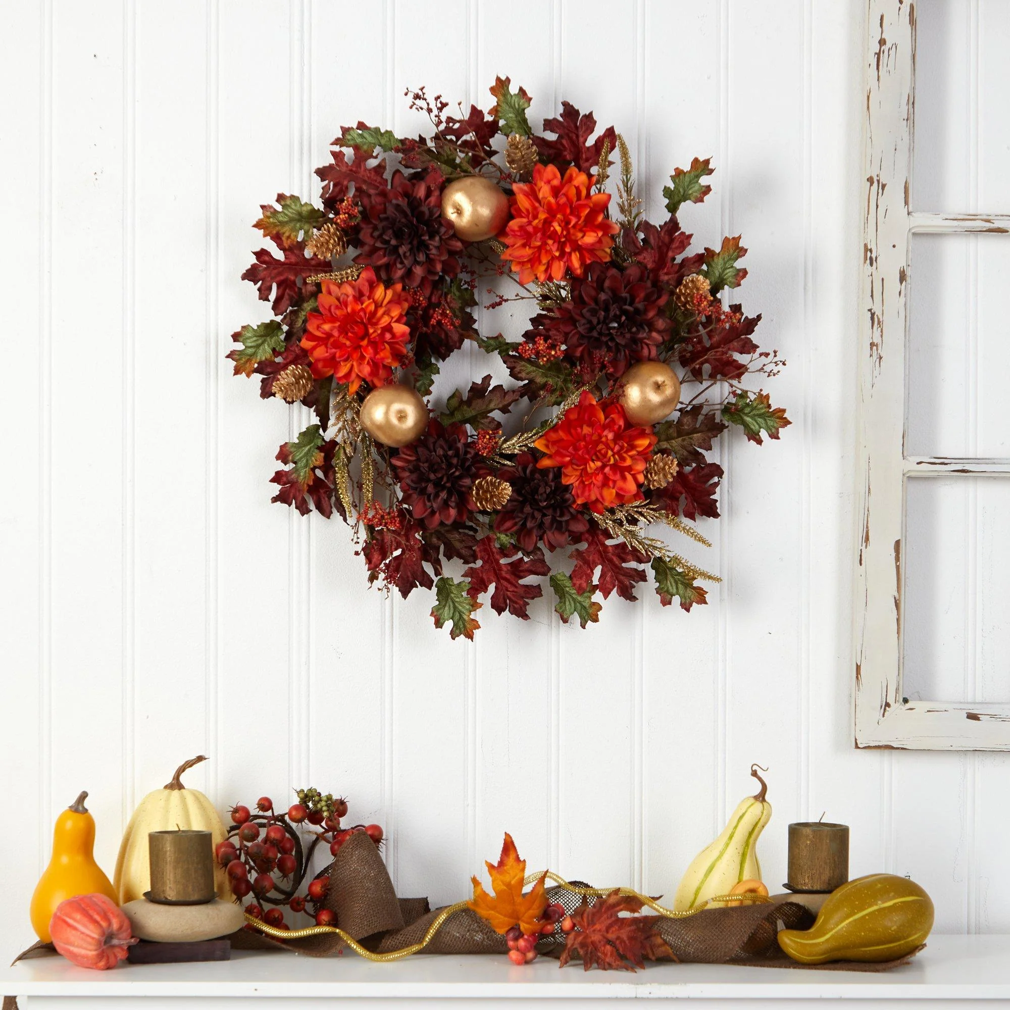 24” Fall Dahlia, Golden Apple, Oak Leaf and Berries Autumn Artificial Wreath - Image 3