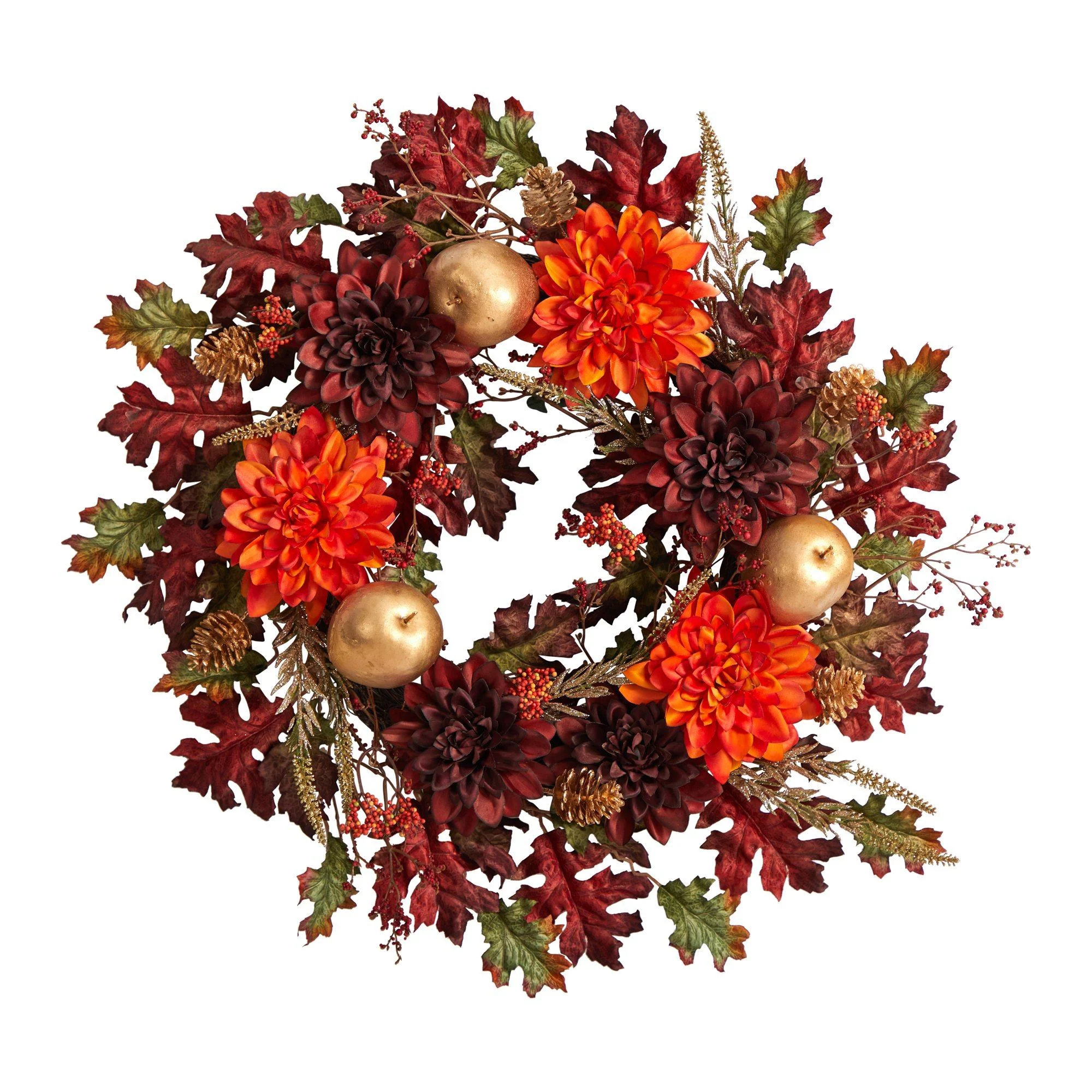 24” Fall Dahlia, Golden Apple, Oak Leaf and Berries Autumn Artificial Wreath - Image 6