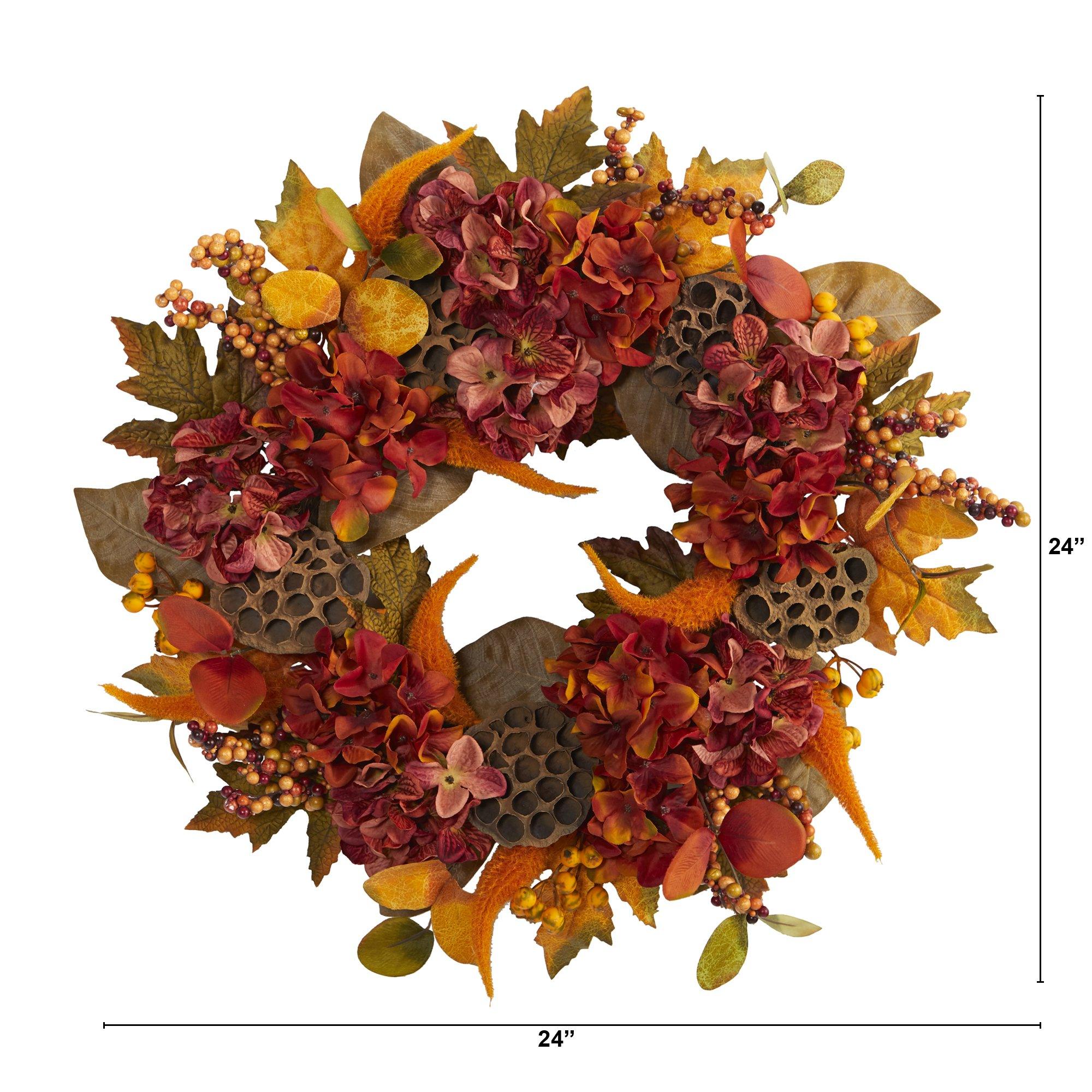 24” Fall Hydrangea, Lotus and Berries Artificial Wreath - Image 3