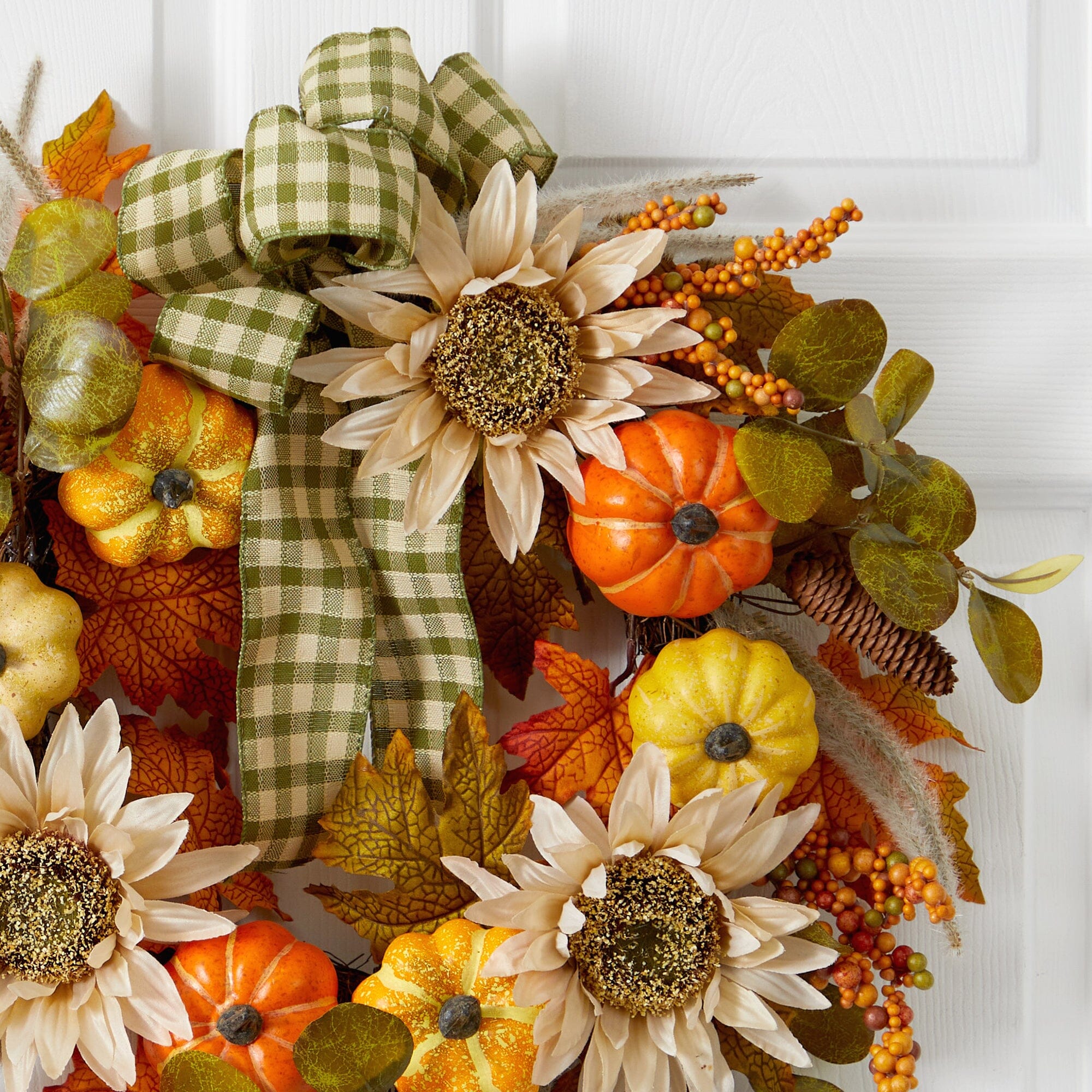 24” Fall Pumpkin, Sunflower Artificial Autumn Wreath with Decorative Ribbon - Image 2