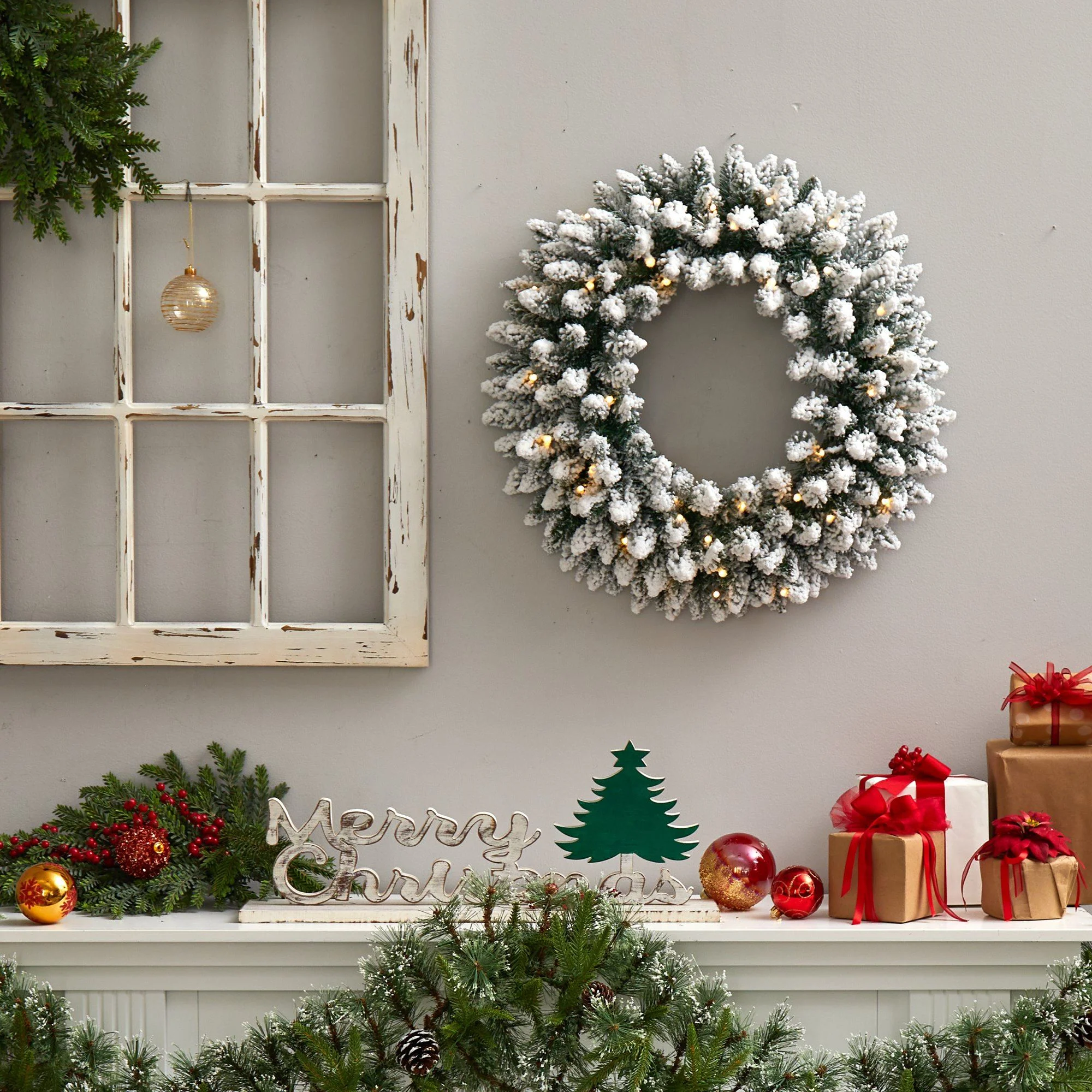 24” Flocked Artificial Christmas Wreath with 160 Bendable Branches and 35 Warm White LED Lights - Image 5