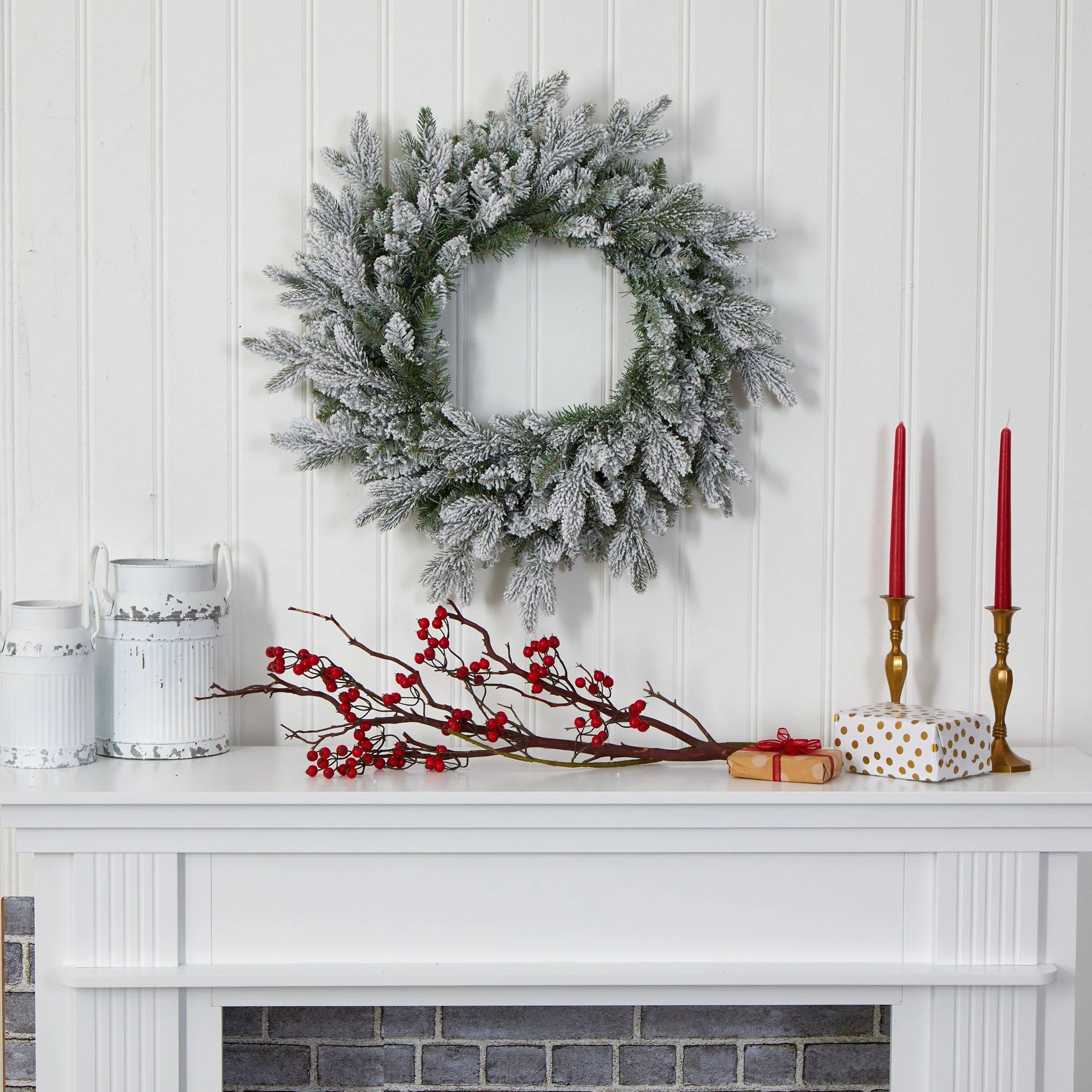 24” Flocked Artificial Christmas Wreath with 50 LED Lights - Image 5