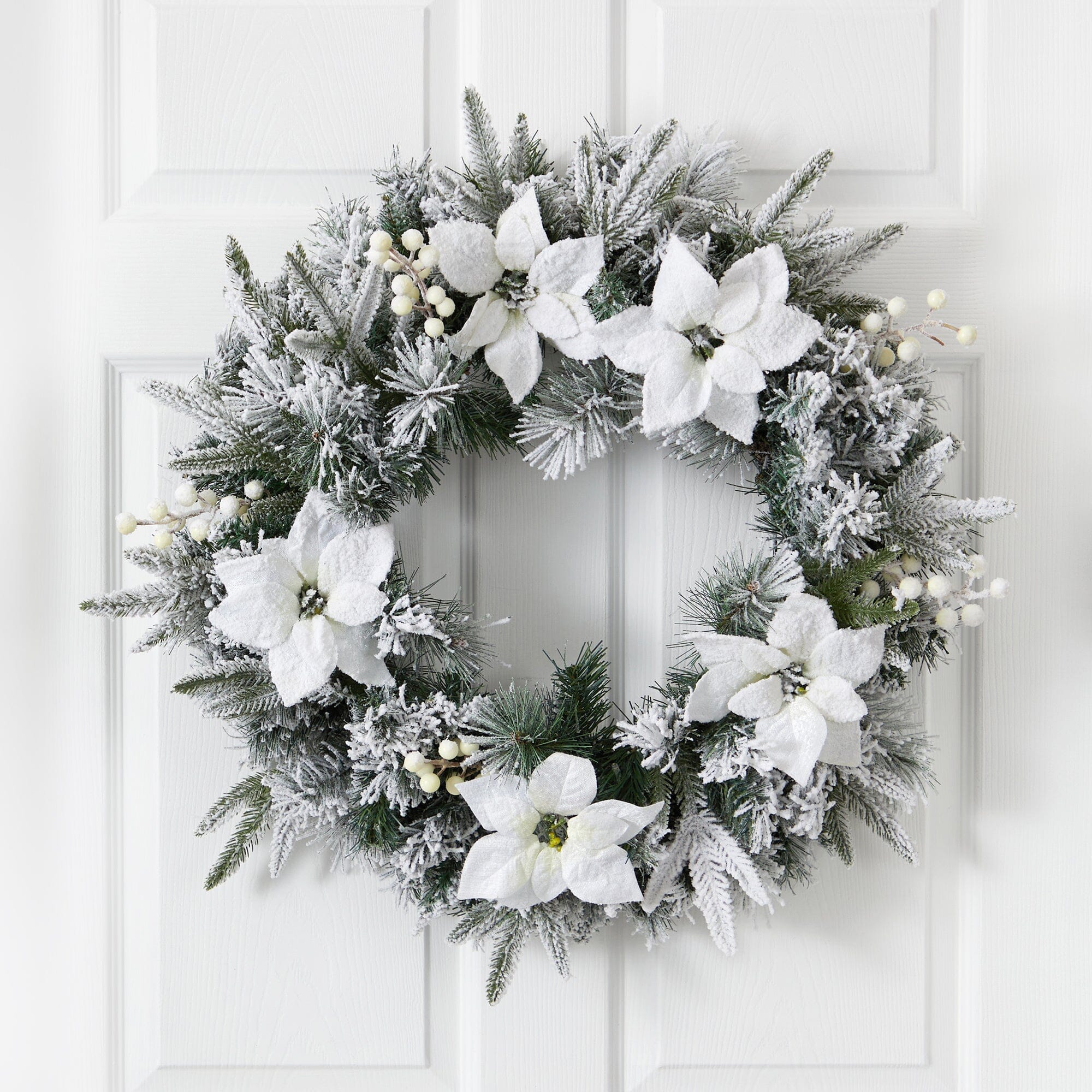 24” Artificial Flocked Poinsettia and Pine Christmas Wreath with 50 Warm White LED Lights - Image 3