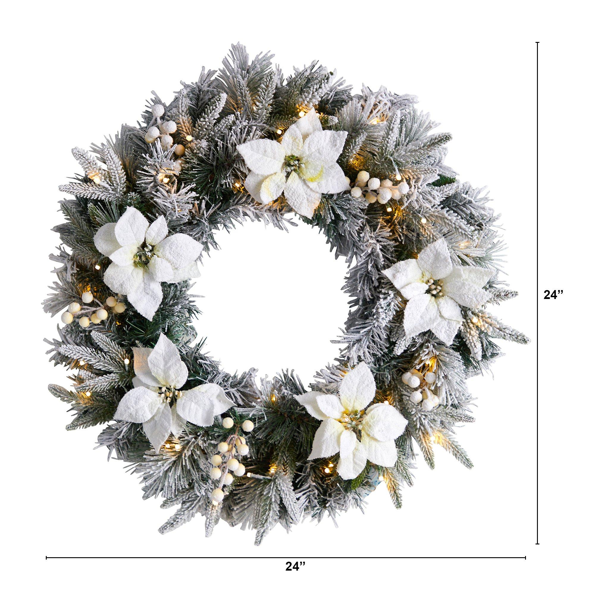 24” Artificial Flocked Poinsettia and Pine Christmas Wreath with 50 Warm White LED Lights - Image 4