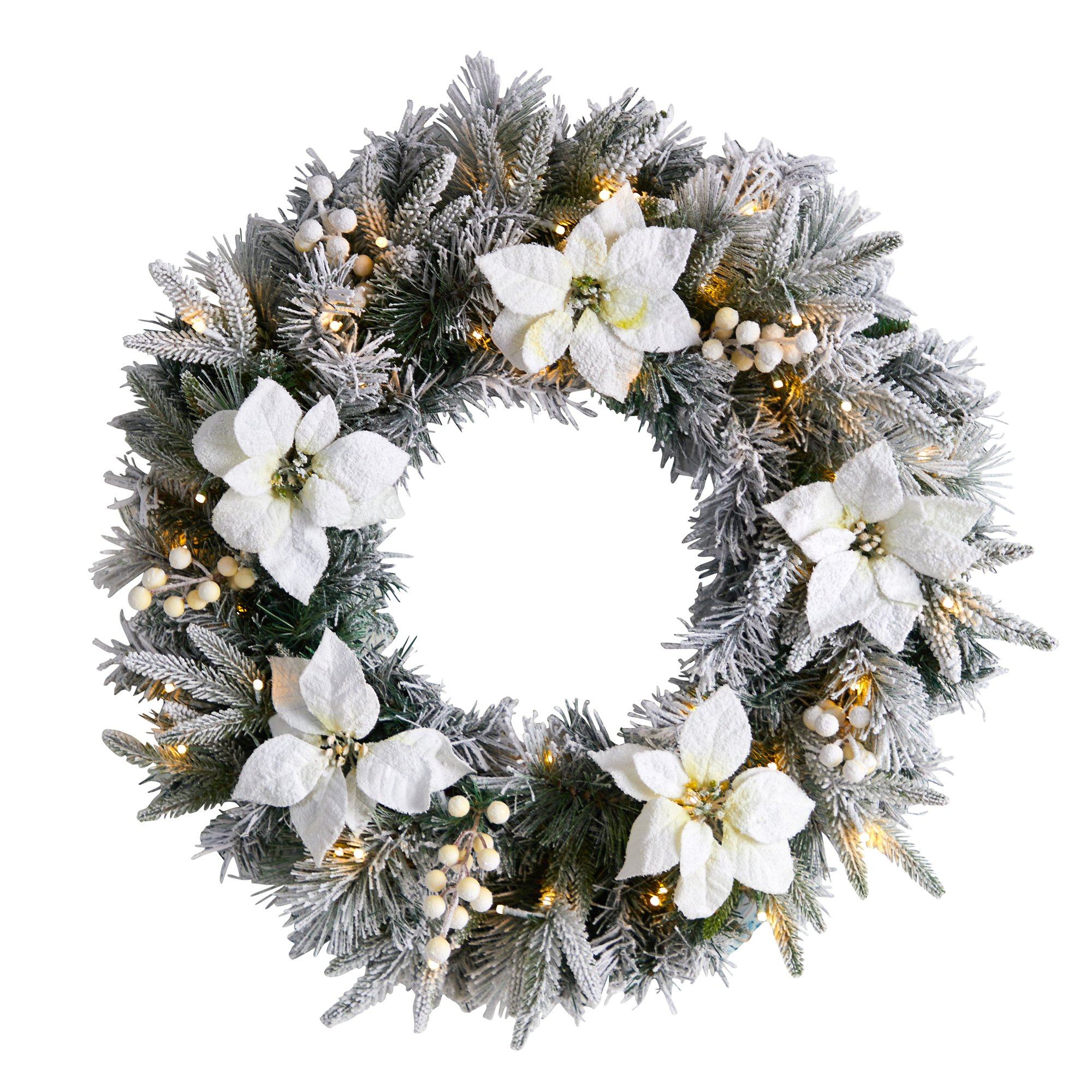24” Artificial Flocked Poinsettia and Pine Christmas Wreath with 50 Warm White LED Lights - Image 5