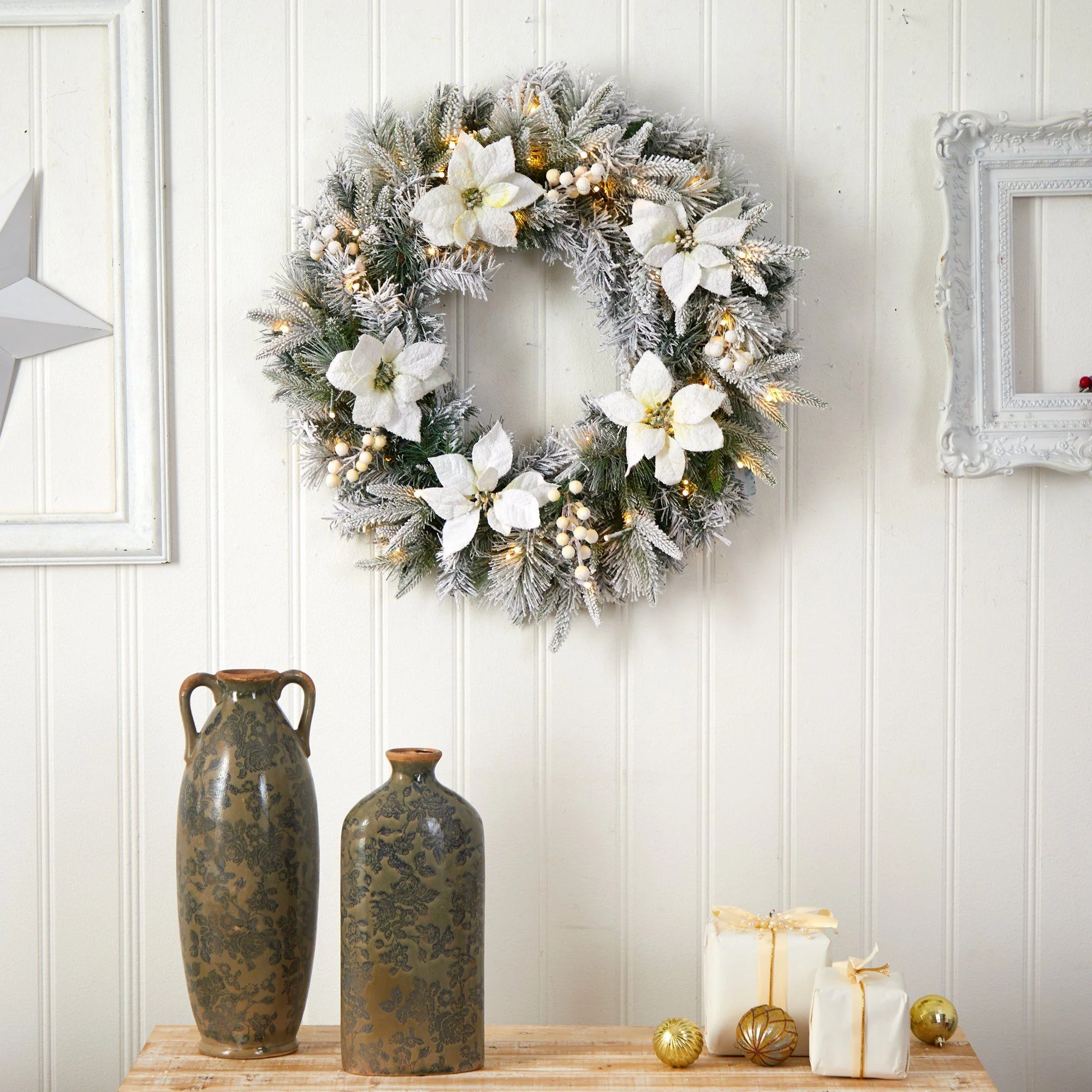 24” Artificial Flocked Poinsettia and Pine Christmas Wreath with 50 Warm White LED Lights - Image 6