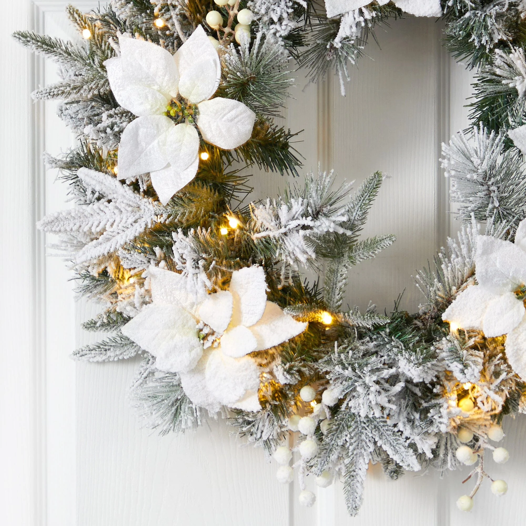 24” Flocked Poinsettia and Pine Artificial Christmas Wreath with 50 Warm White LED Lights - Image 2