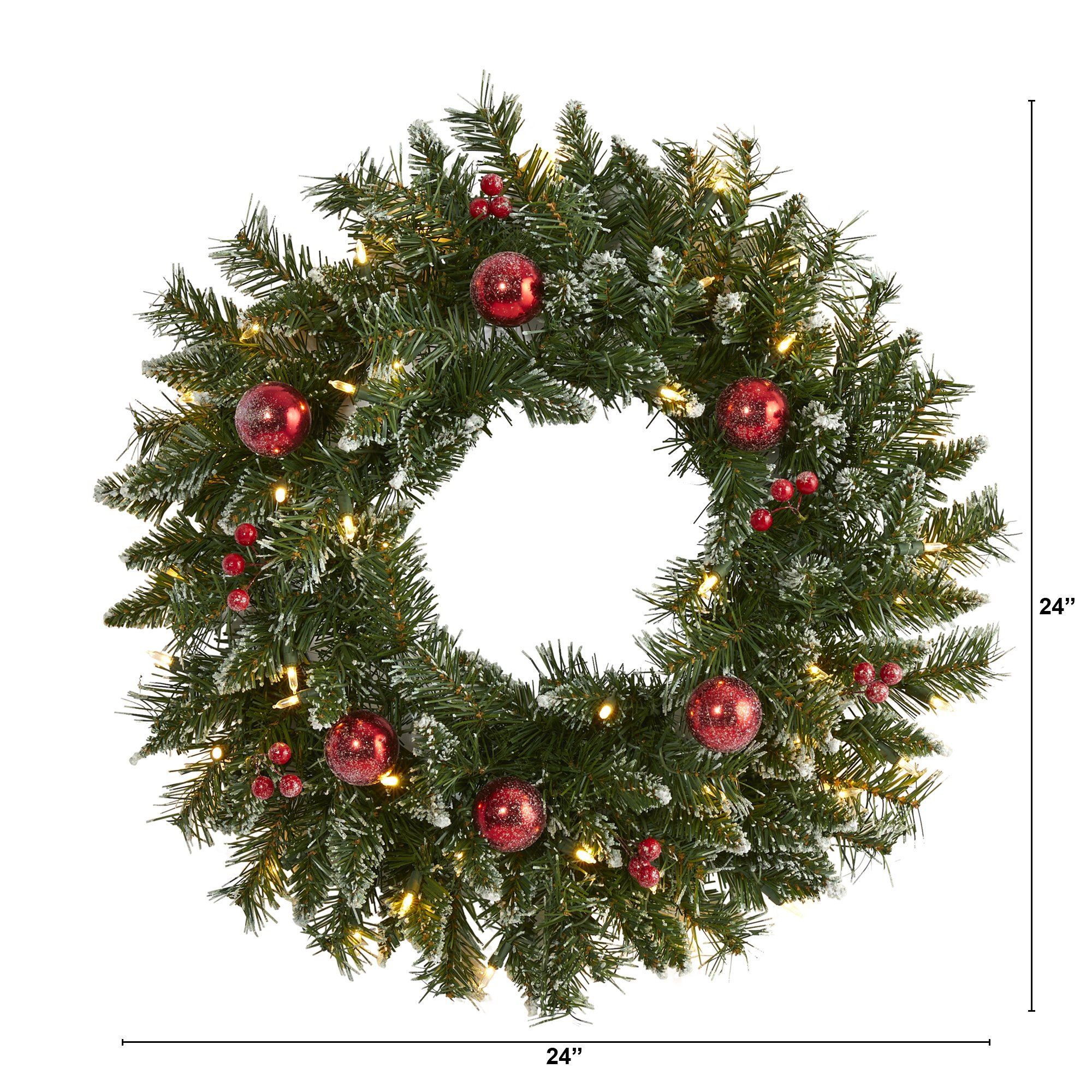24” Frosted Artificial Christmas Wreath with 50 Warm White LED Lights, Ornaments and Berries - Image 3