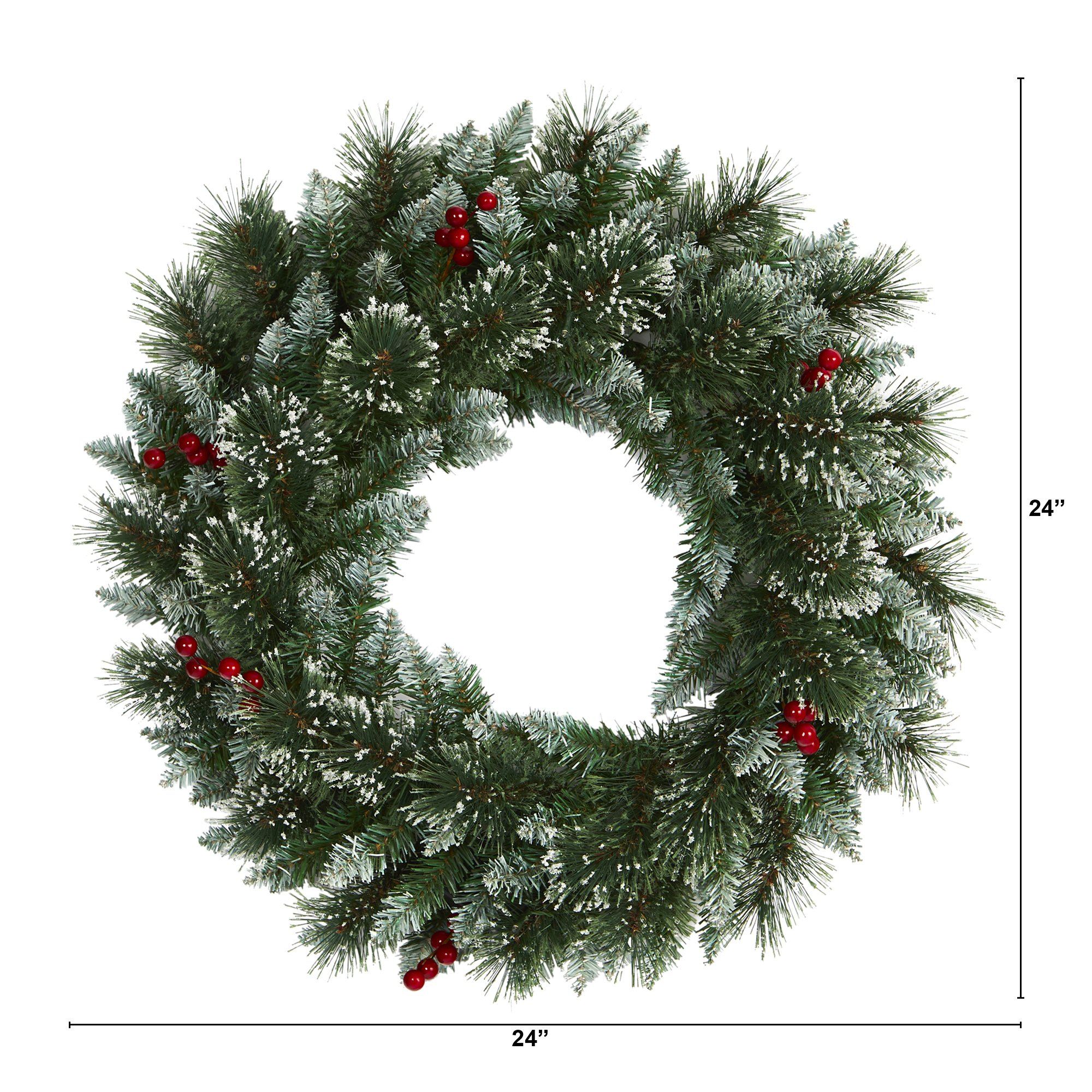 24” Frosted Swiss Pine Artificial Wreath with 35 Clear LED Lights and Berries - Image 3