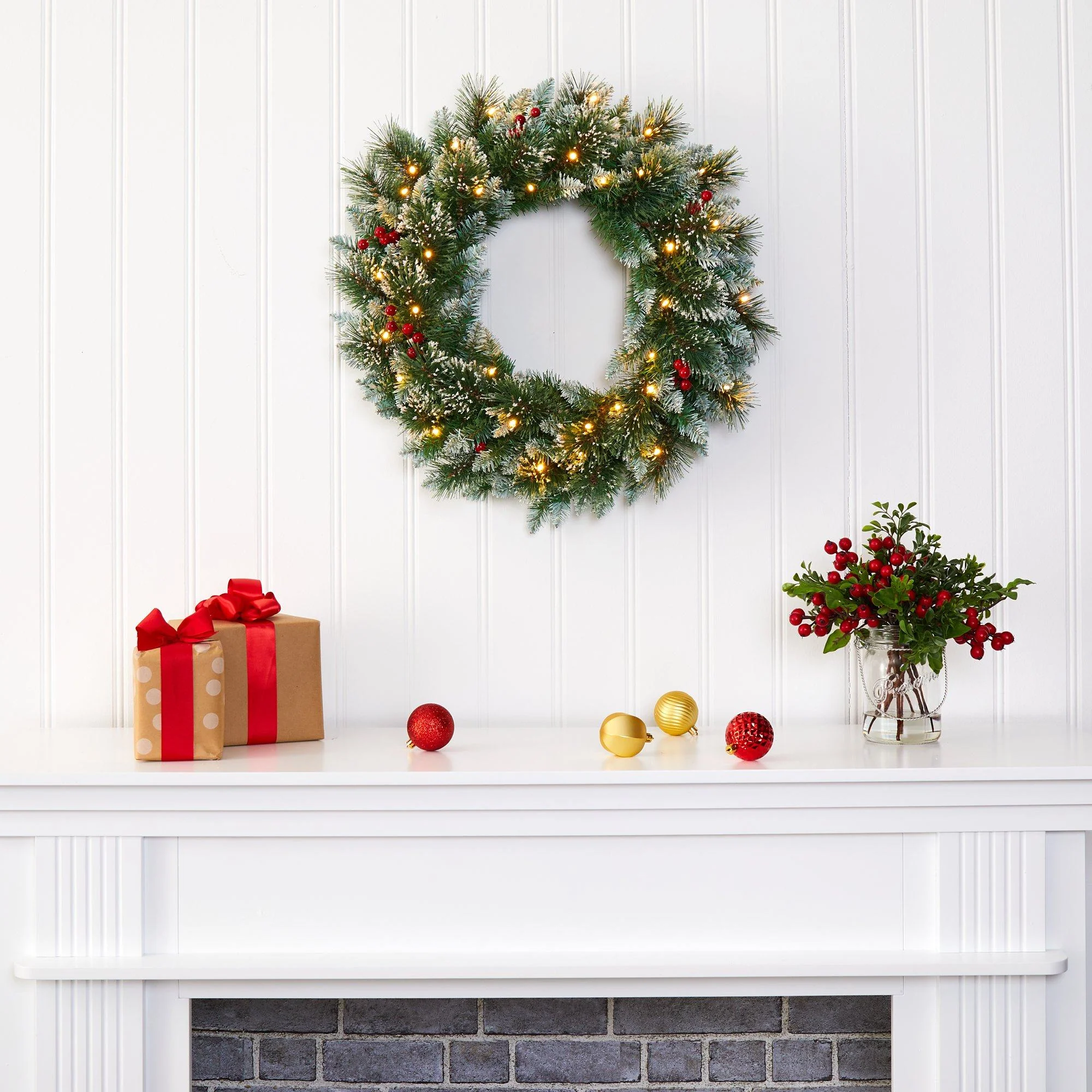 24” Frosted Swiss Pine Artificial Wreath with 35 Clear LED Lights and Berries - Image 4