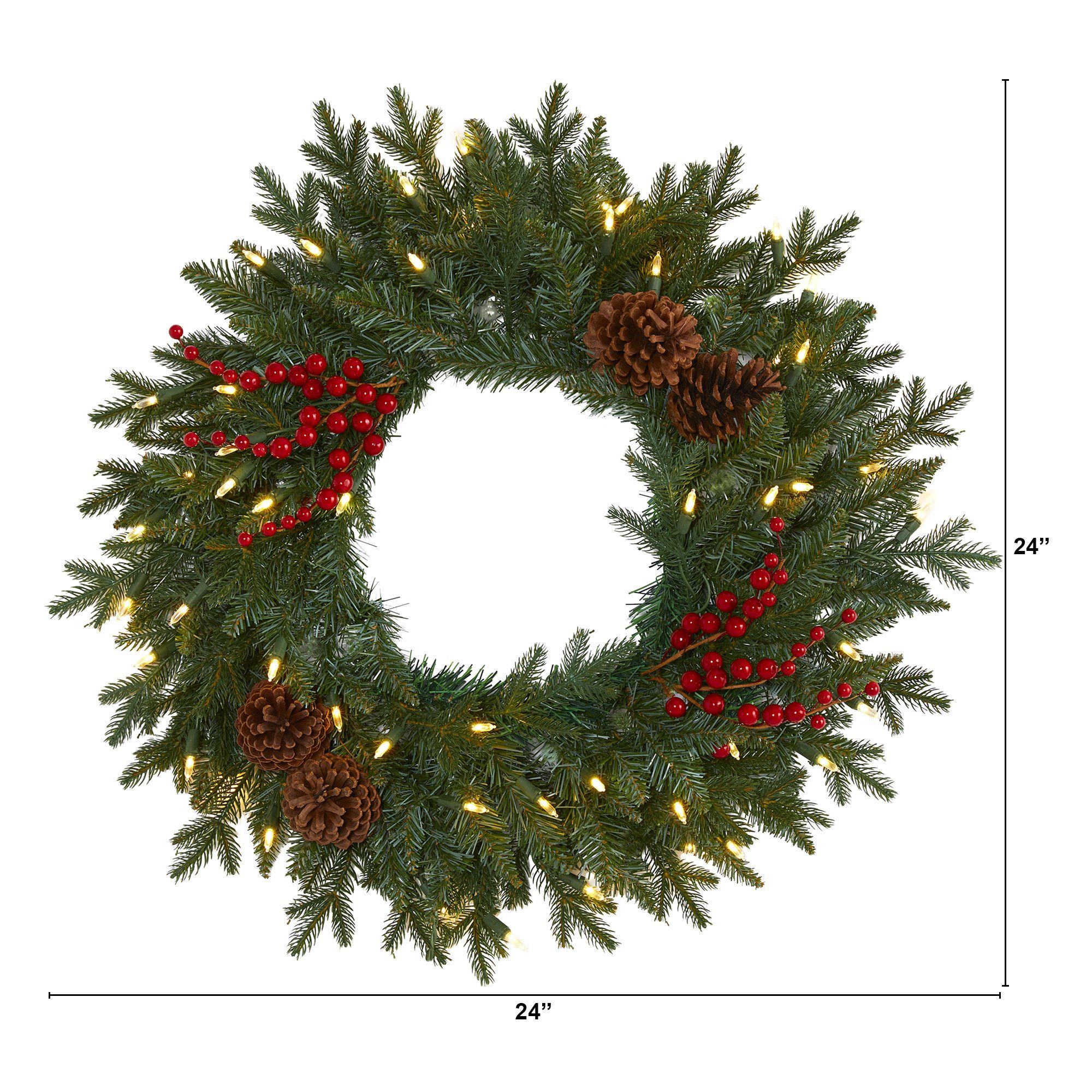 24” Green Pine Artificial Christmas Wreath with 50 Warm White LED Lights, Berries and Pine Cones - Image 2