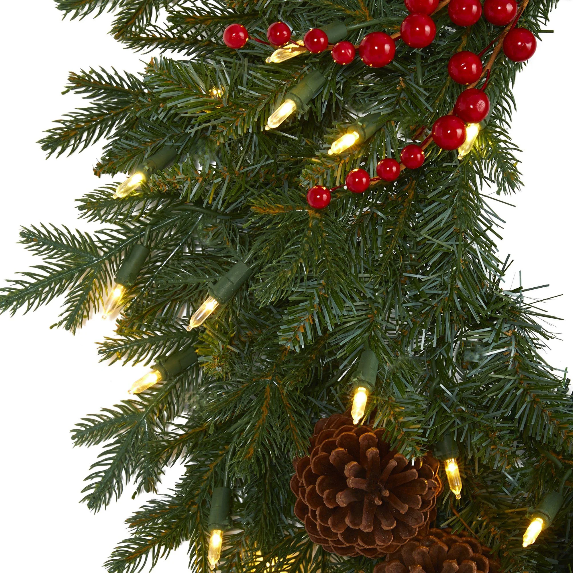 24” Green Pine Artificial Christmas Wreath with 50 Warm White LED Lights, Berries and Pine Cones - Image 3