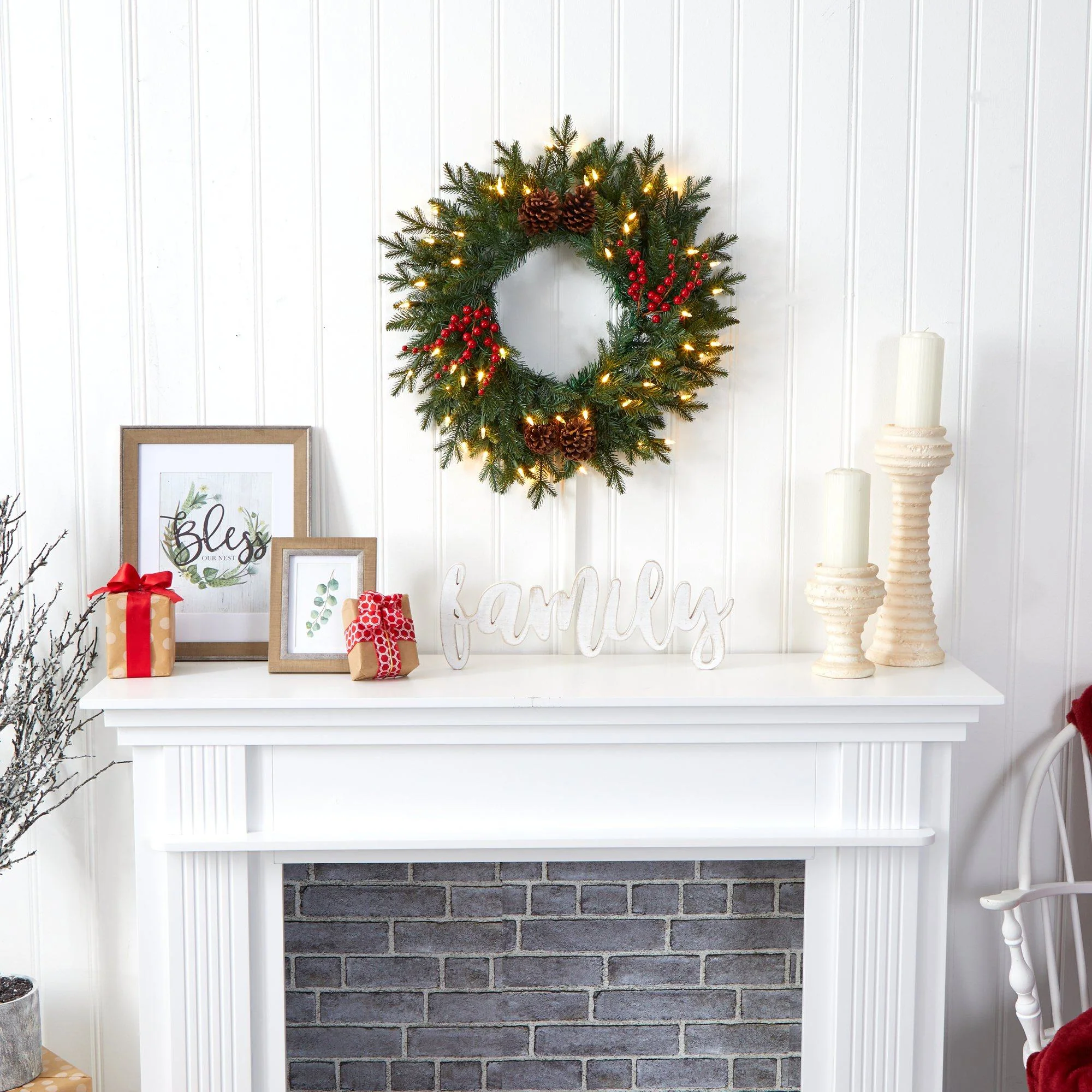24” Green Pine Artificial Christmas Wreath with 50 Warm White LED Lights, Berries and Pine Cones - Image 4