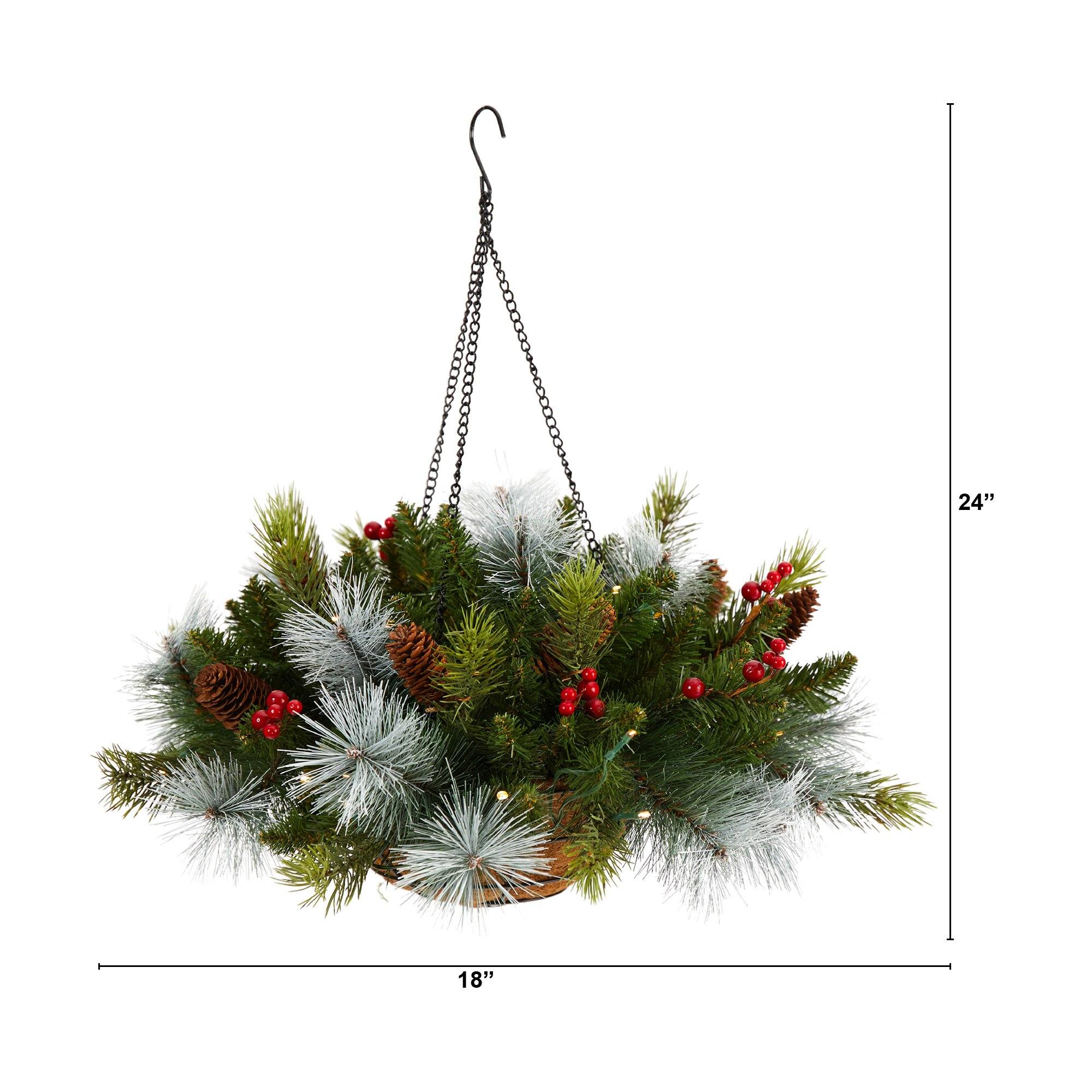 24" Holiday Pre-Lit (30 LED Lights) Pine and Berries Hanging Basket" - Image 2