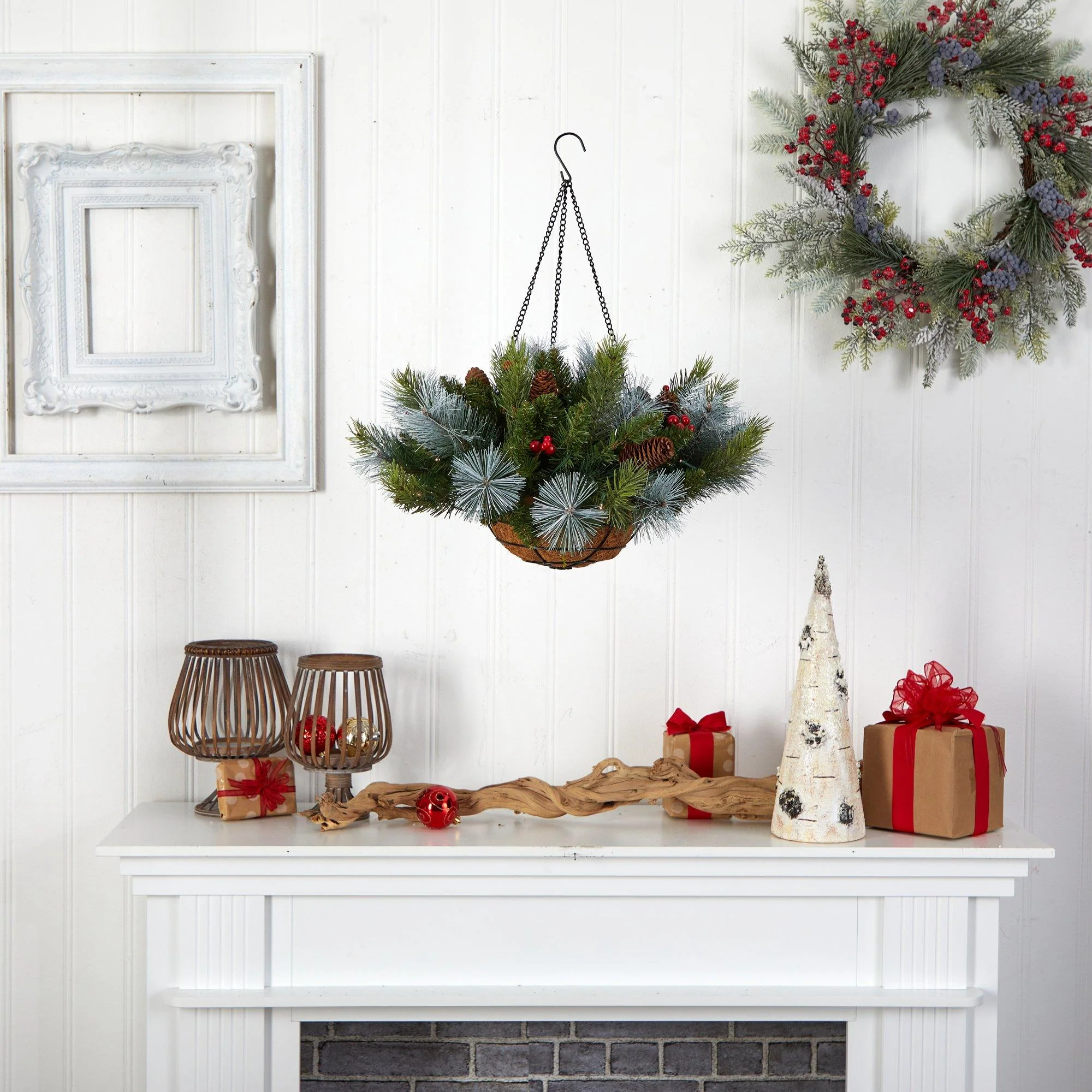 24" Holiday Pre-Lit (30 LED Lights) Pine and Berries Hanging Basket" - Image 5