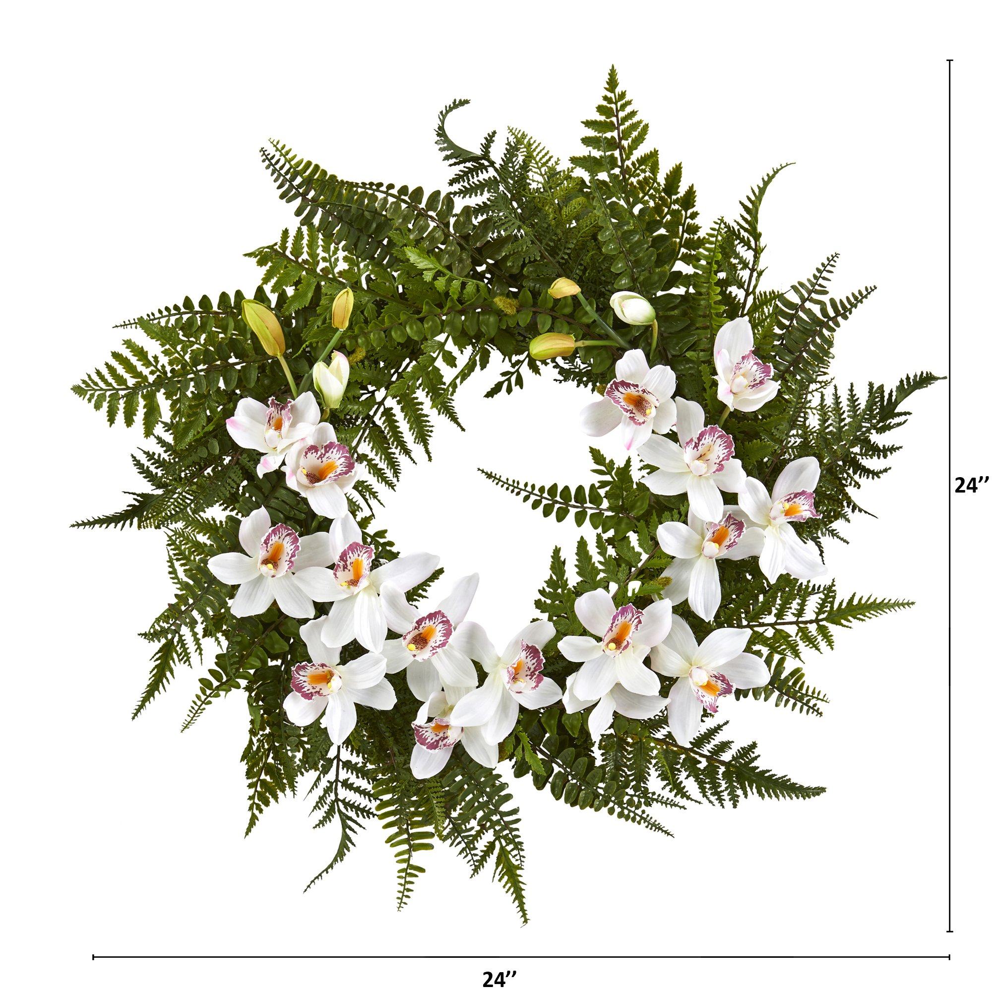 24” Mixed Fern and Cymbidium Orchid Artificial Wreath - Multiple Colors - Image 6