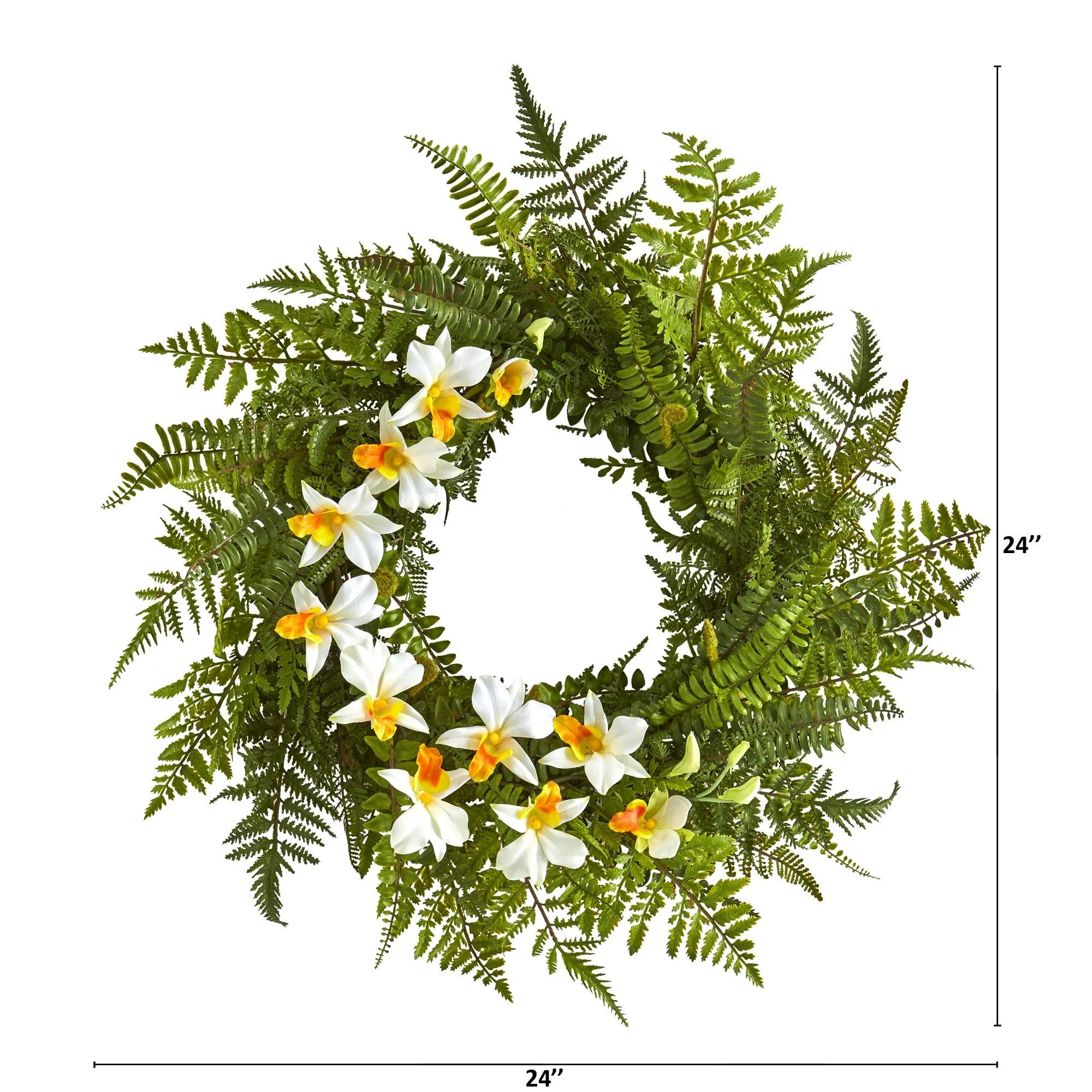 24” Mixed Fern and Dendrobium Orchid Artificial Wreath - Image 2