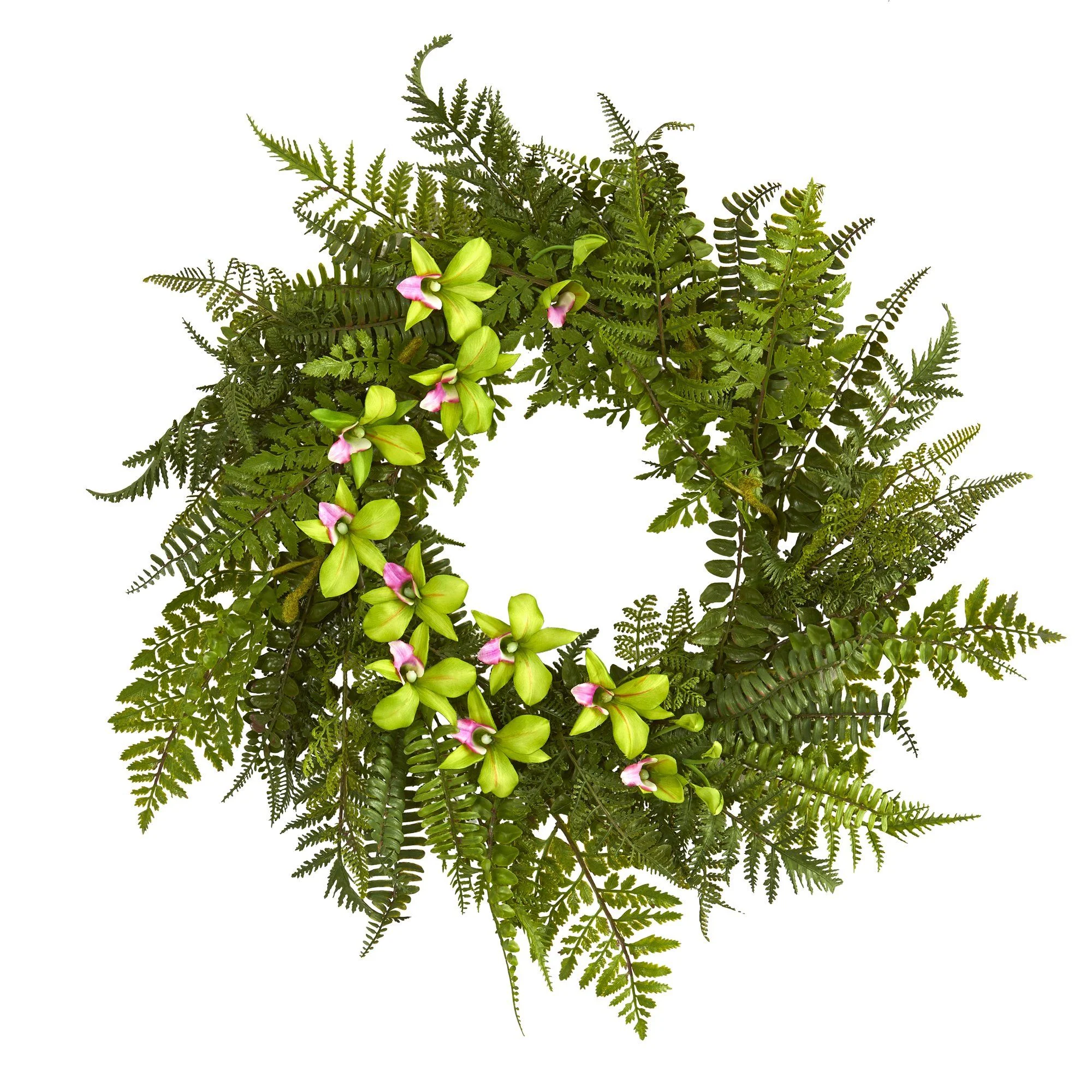 24” Mixed Fern and Dendrobium Orchid Artificial Wreath - Image 3
