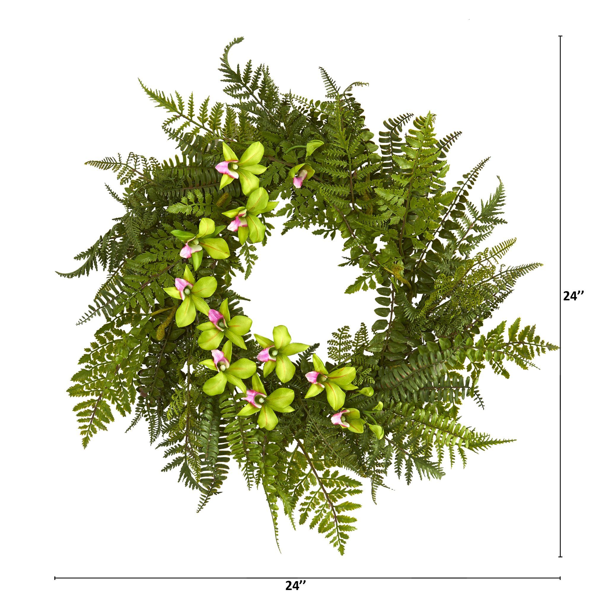 24” Mixed Fern and Dendrobium Orchid Artificial Wreath - Image 4