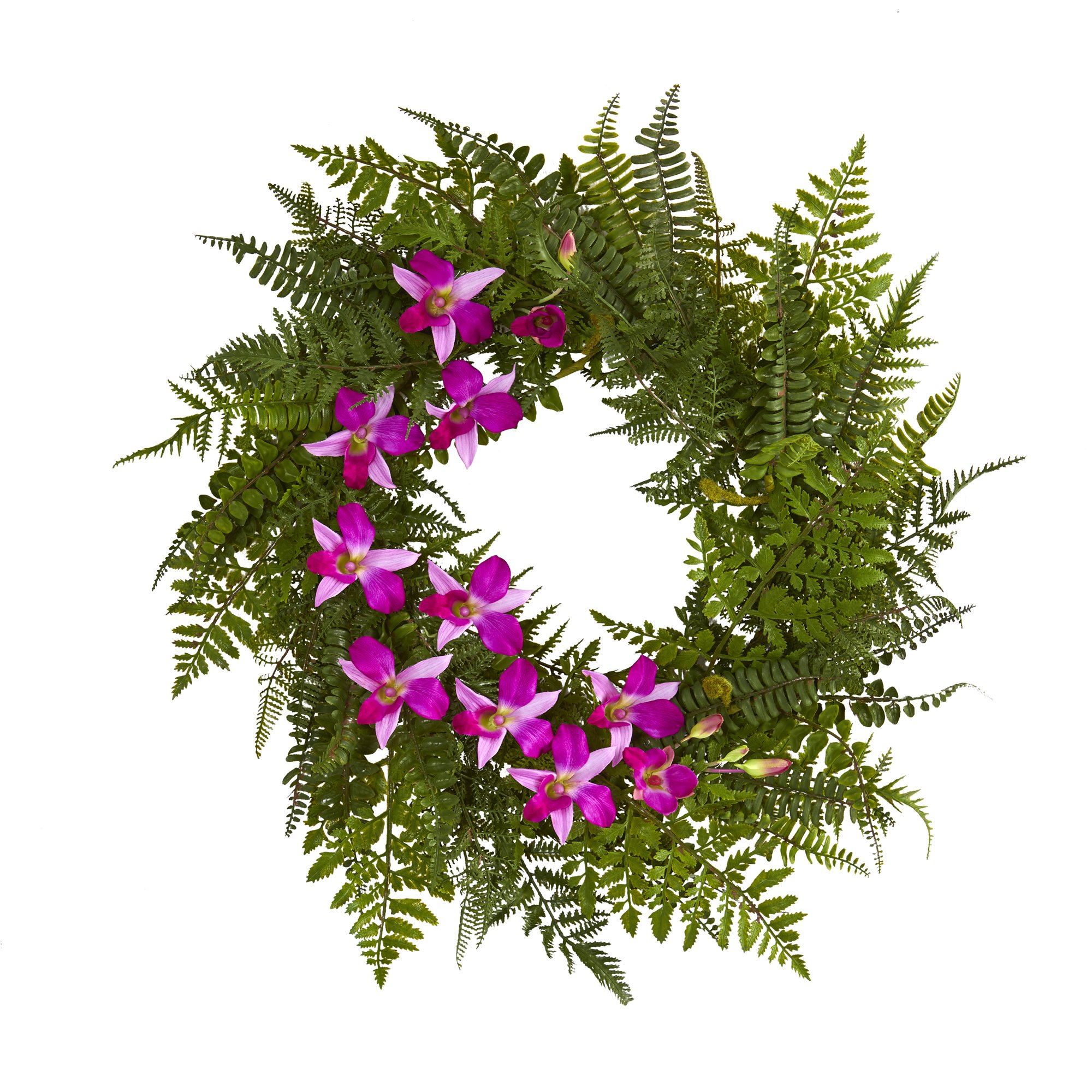 24” Mixed Fern and Dendrobium Orchid Artificial Wreath - Image 5