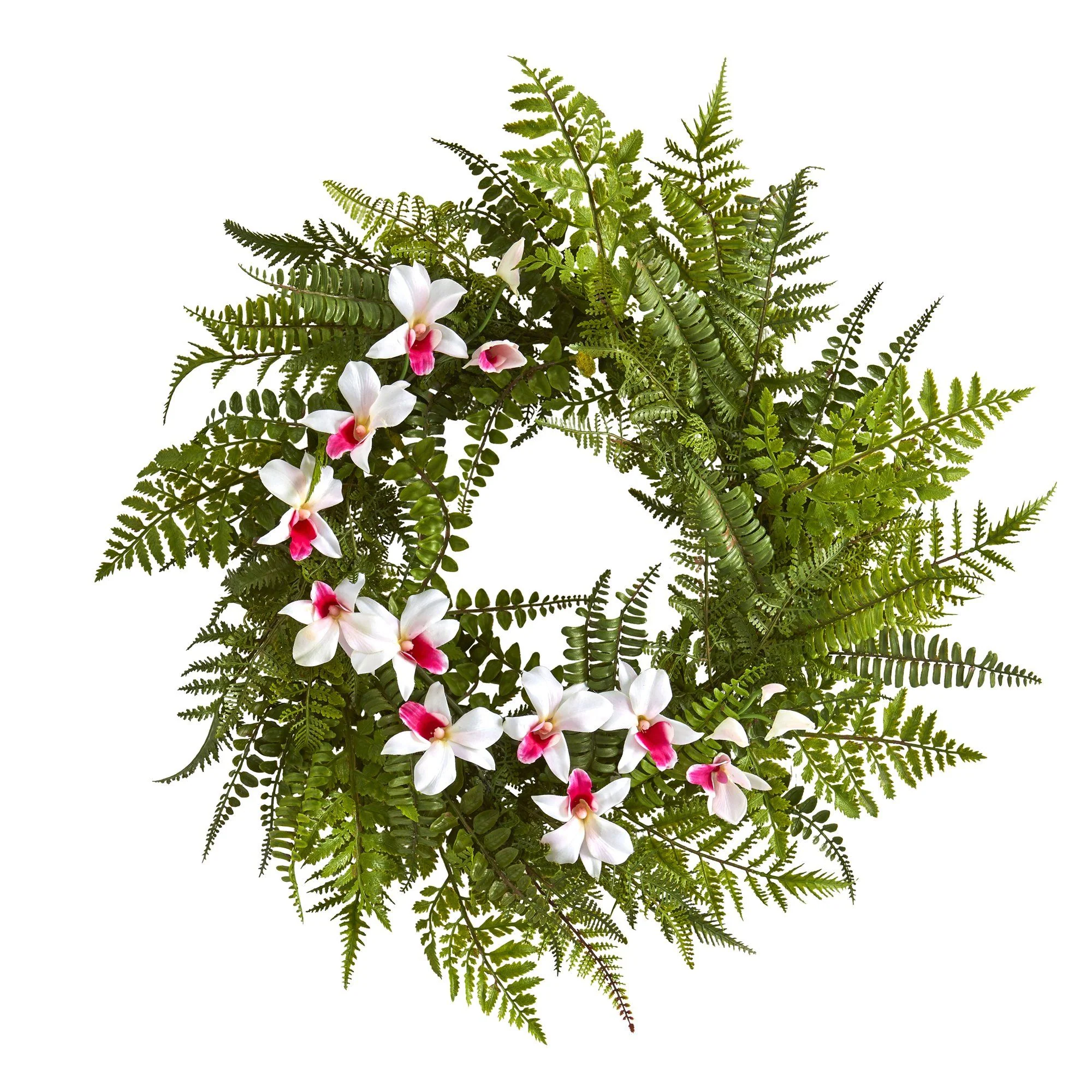 24” Mixed Fern and Dendrobium Orchid Artificial Wreath - Image 7
