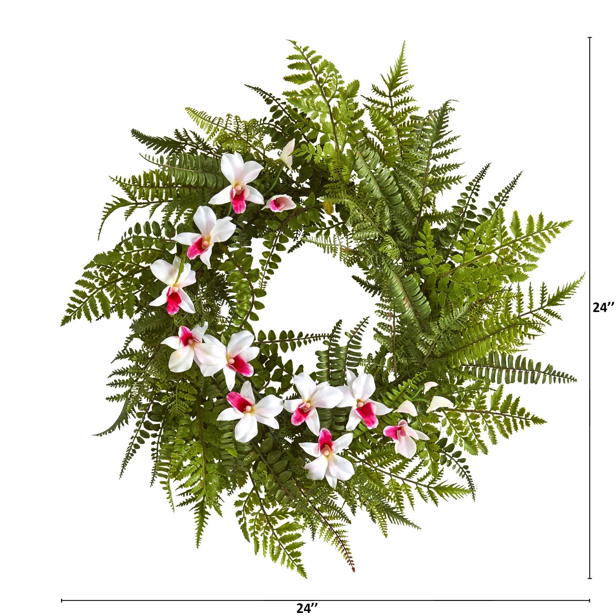 24” Mixed Fern and Dendrobium Orchid Artificial Wreath - Image 8