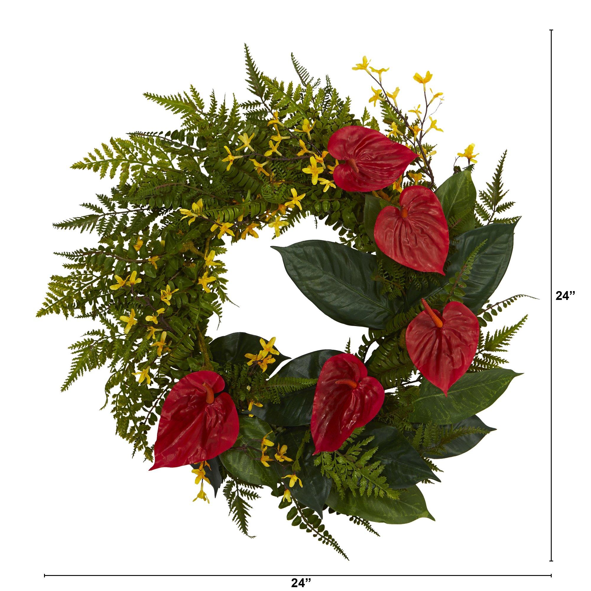 24” Mixed Fern, Anthurium and Forsythia Artificial Wreath - Image 2