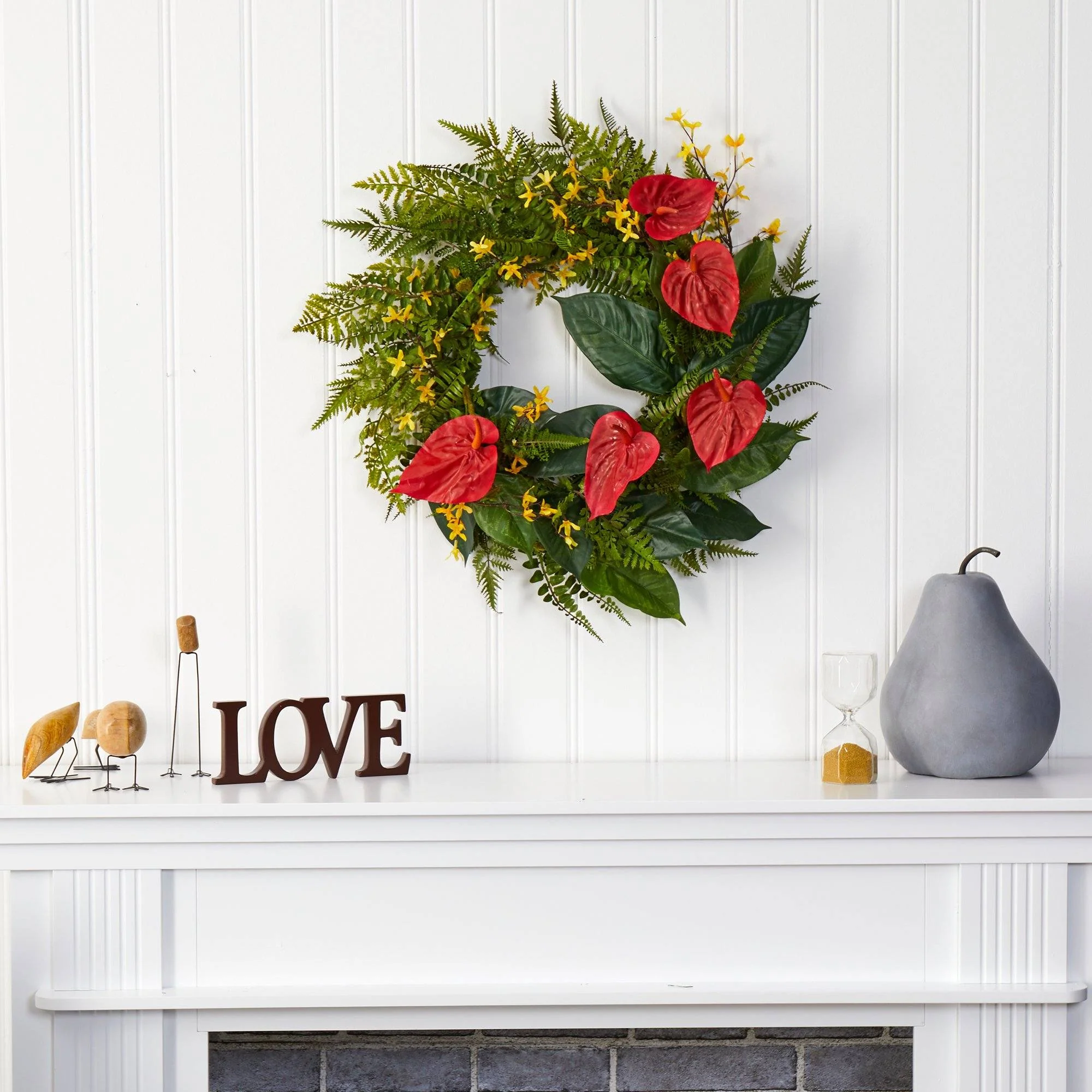 24” Mixed Fern, Anthurium and Forsythia Artificial Wreath - Image 3