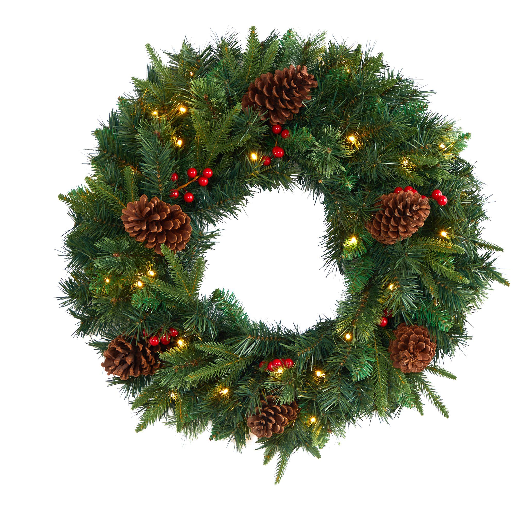 24” Mixed Pine Artificial Christmas Wreath with 35 Clear LED Lights and Berries - Image 6