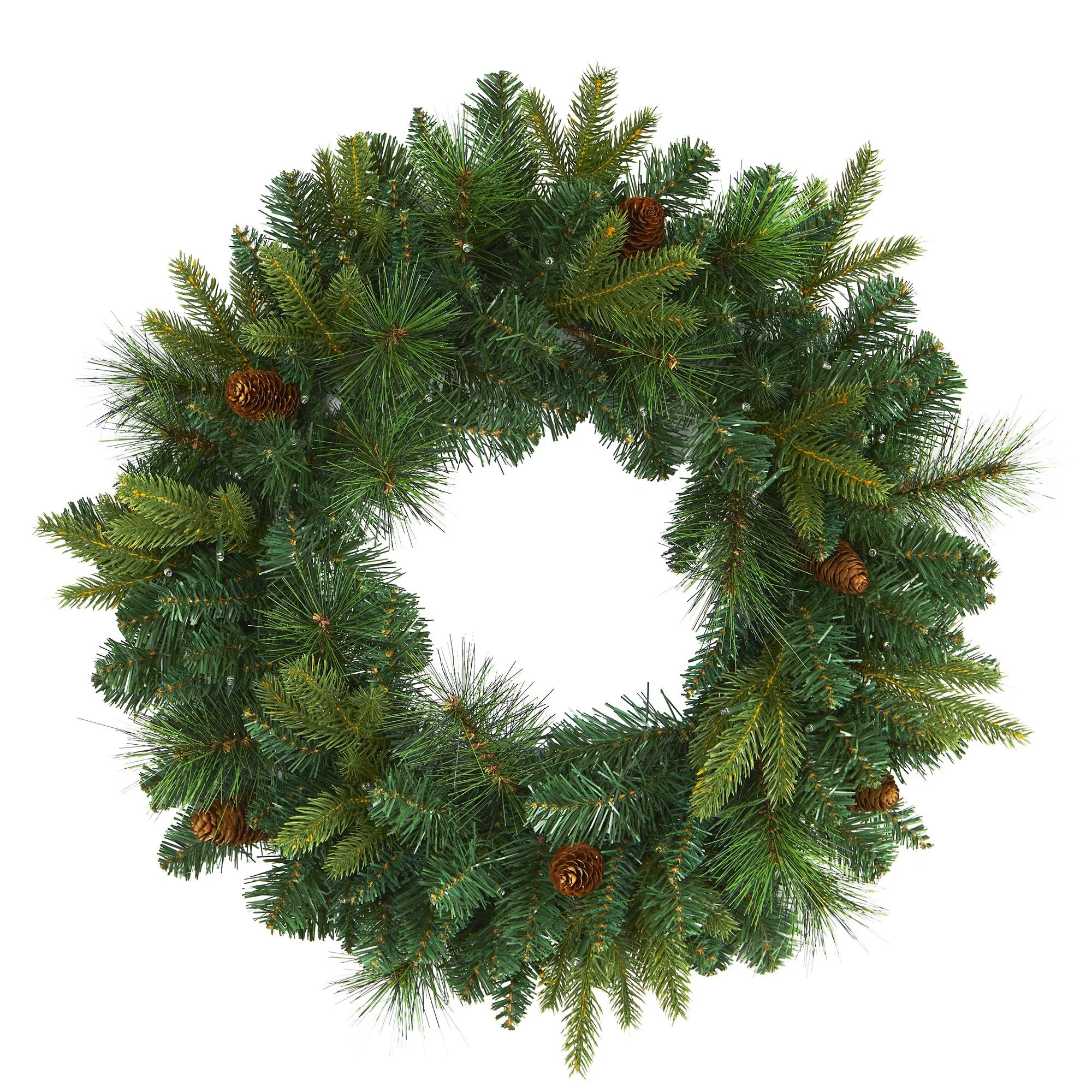 24” Mixed Pine Artificial Christmas Wreath with 35 Clear LED Lights and Pinecones - Image 3