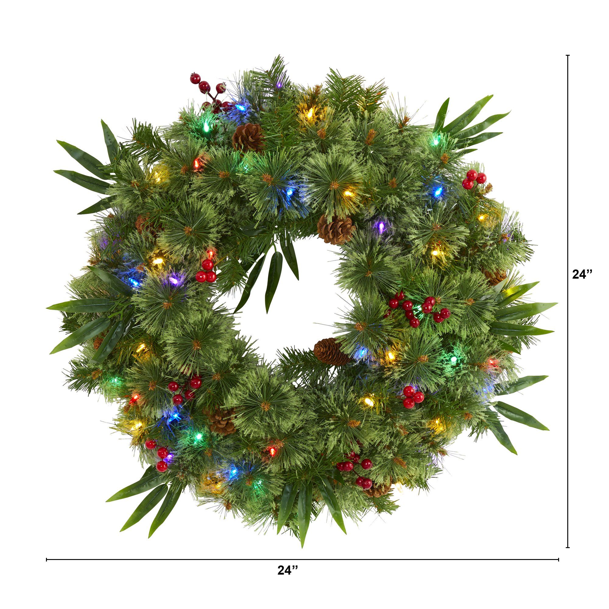 24” Mixed Pine Artificial Christmas Wreath with 50 Multicolored LED Lights, Berries and Pine Cones - Image 3
