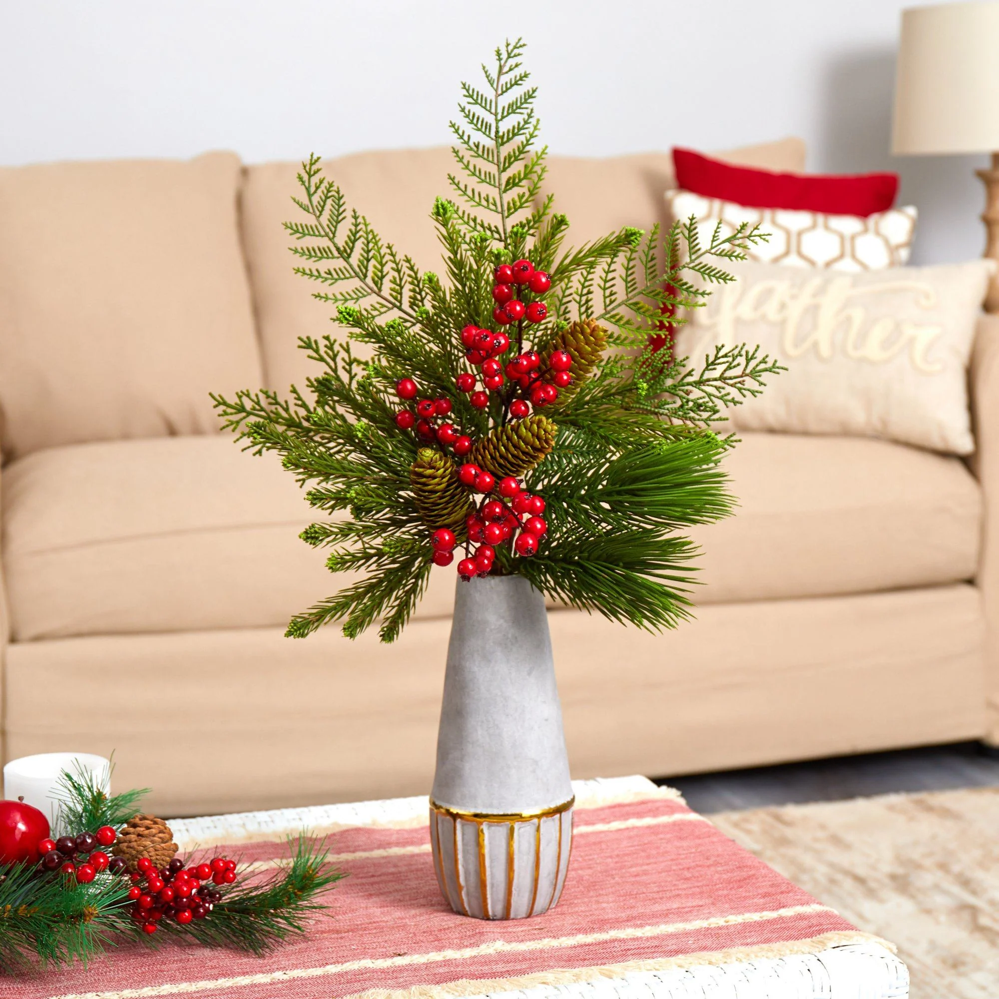 24” Mixed Pine, Pinecone and Berry Artificial Arrangement in Stoneware Vase with Gold Trimming - Image 2