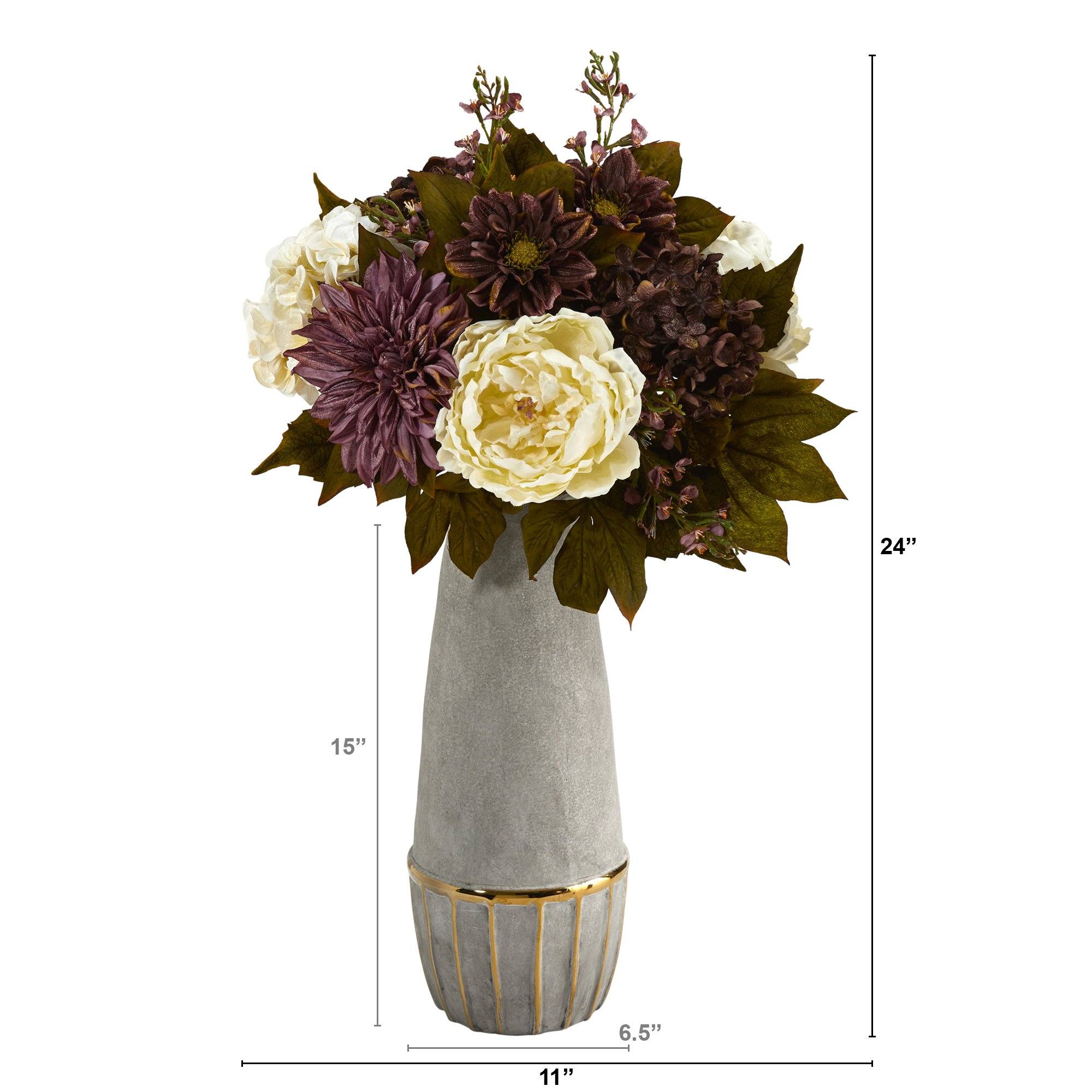 24” Peony, Hydrangea and Dahlia Artificial Arrangement in Stoneware Vase with Gold Trimming - Image 3