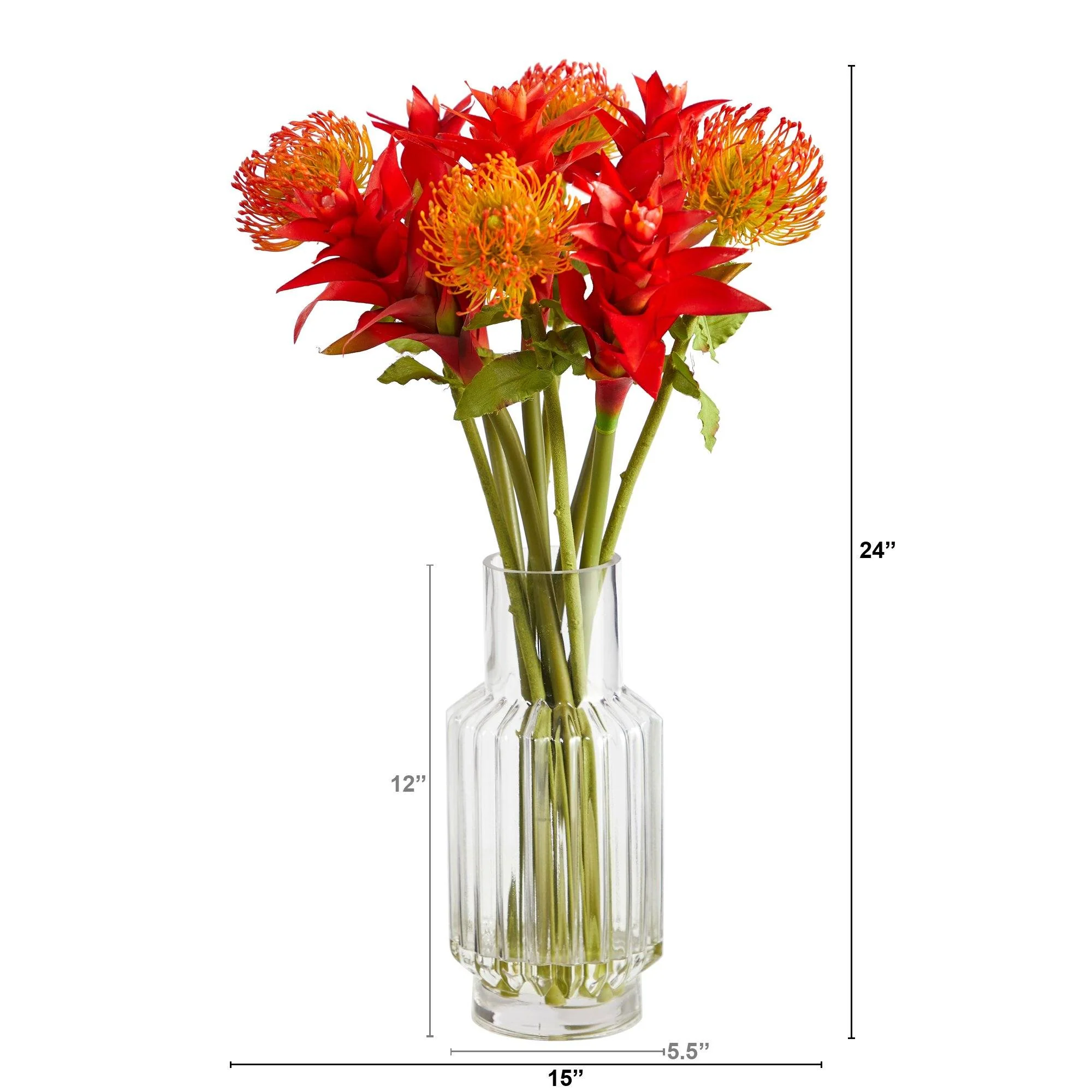 24” Pincushion and Star Bromeliad Artificial Arrangement in Glass Vase - Image 2