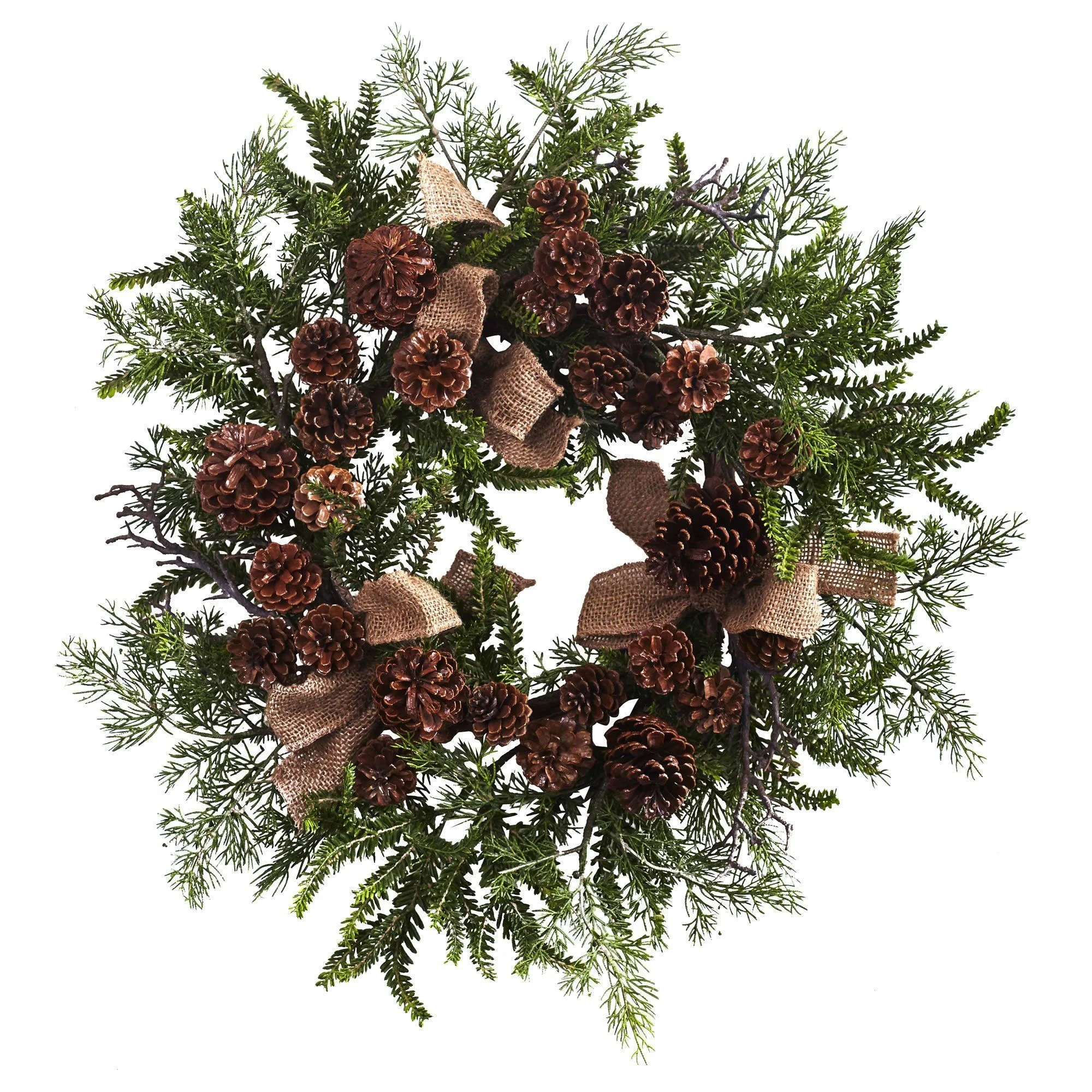 24” Pine & Pine Cone Wreath w/Burlap Bows - Image 3