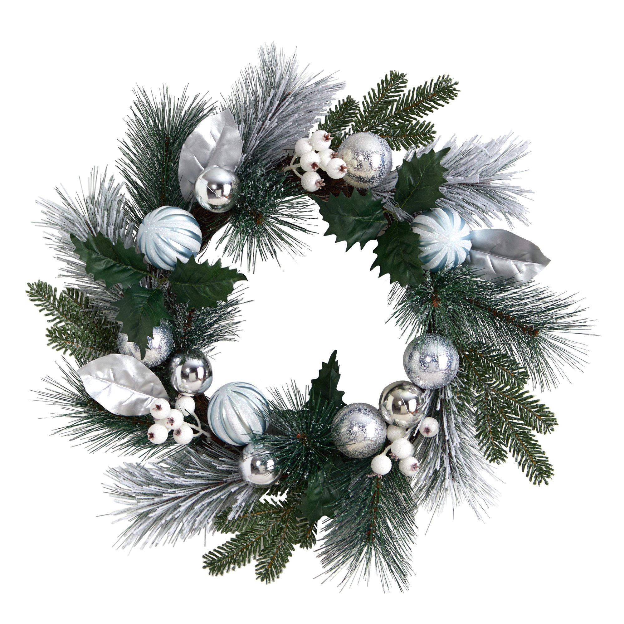 24” Pinecones and Berries Christmas Artificial Wreath with Silver Ornaments - Image 5