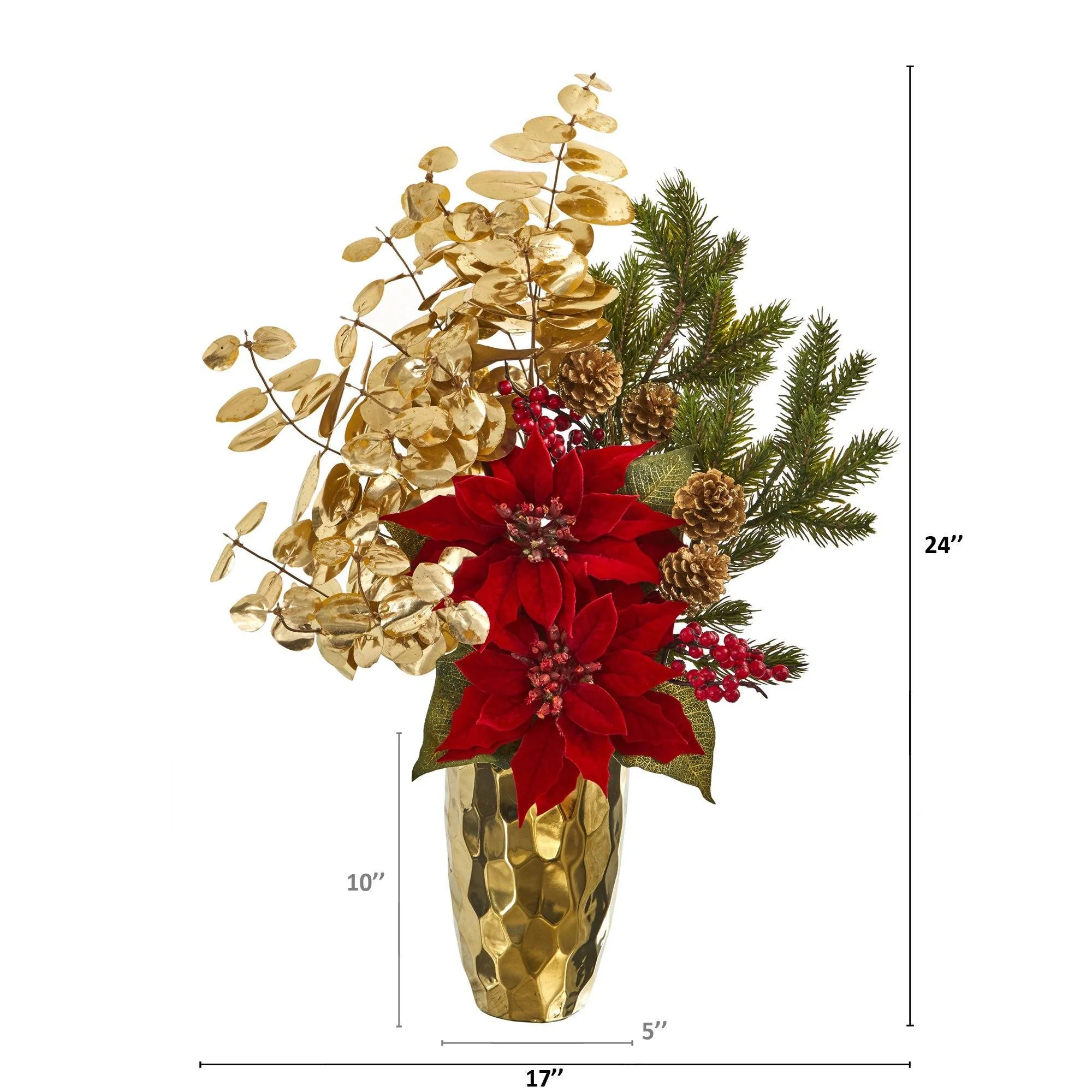 24” Poinsettia and Gold Eucalyptus Artificial Arrangement in Gold Vase - Image 2