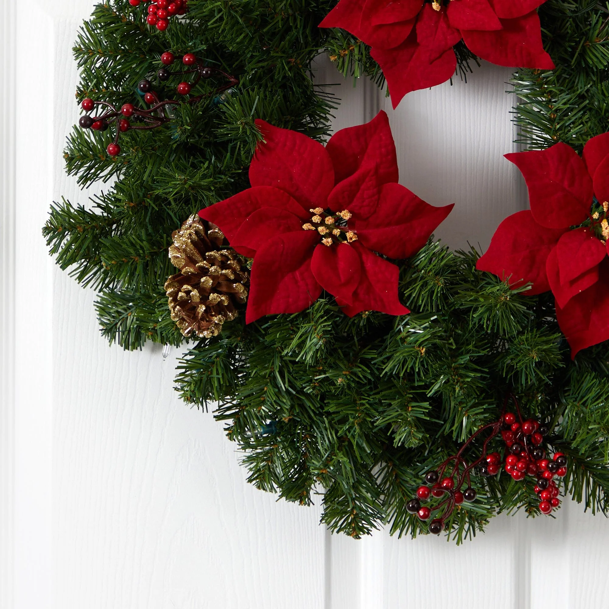 24” Poinsettia, Berry and Pinecone Artificial Wreath with 50 Warm White LED Lights - Image 2