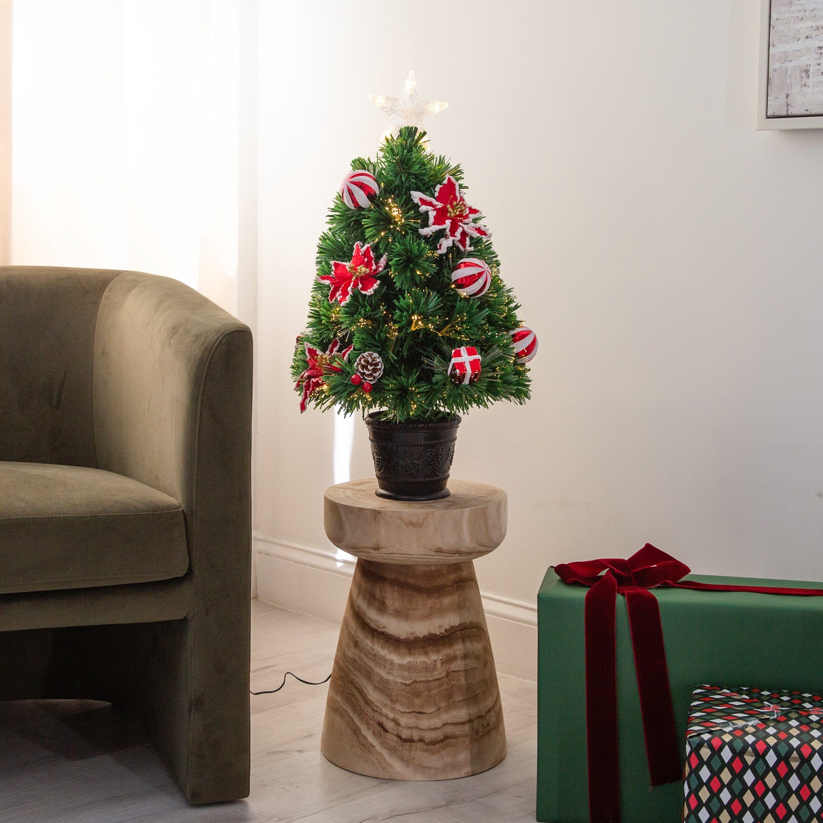 24" Pre-Lit Fiber Optic Artificial Christmas Tree with Ornaments, Poinsettia and Star Topper - Image 3