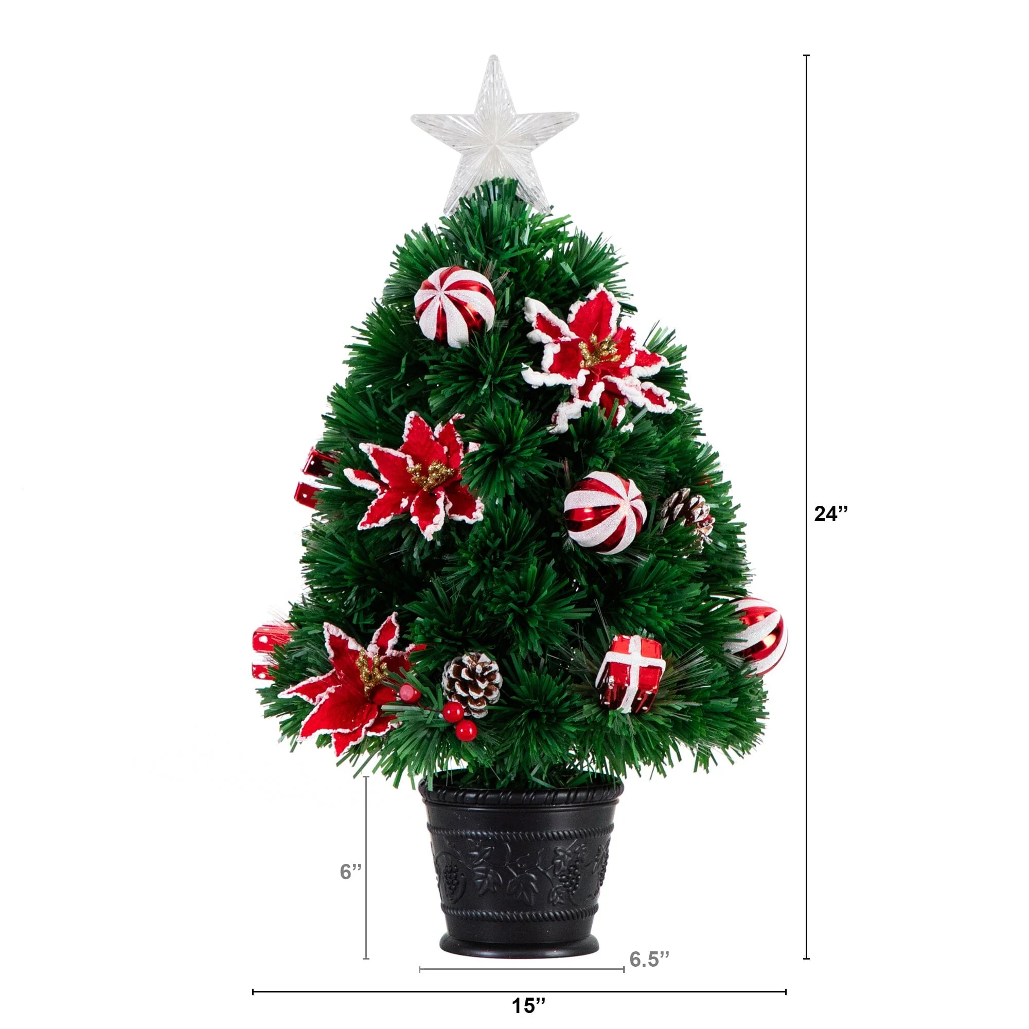 24" Pre-Lit Fiber Optic Artificial Christmas Tree with Ornaments, Poinsettia and Star Topper - Image 6