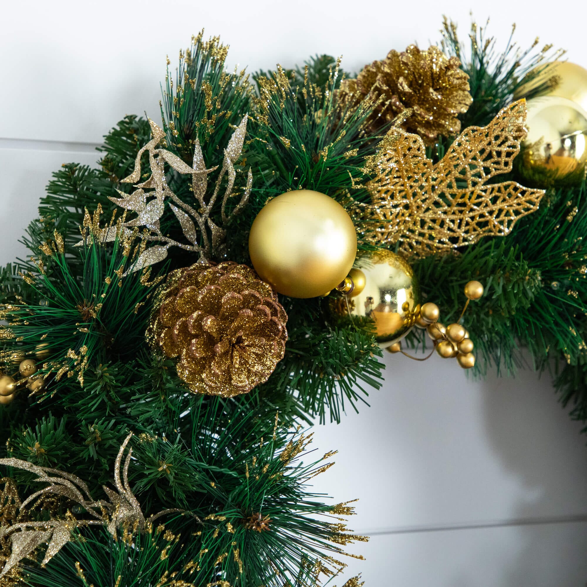 24" Pre-Lit Artificial Golden Frosted Christmas Wreath with 50 Warm White LED Lights Pinecones, Berries and Ornaments - Image 3