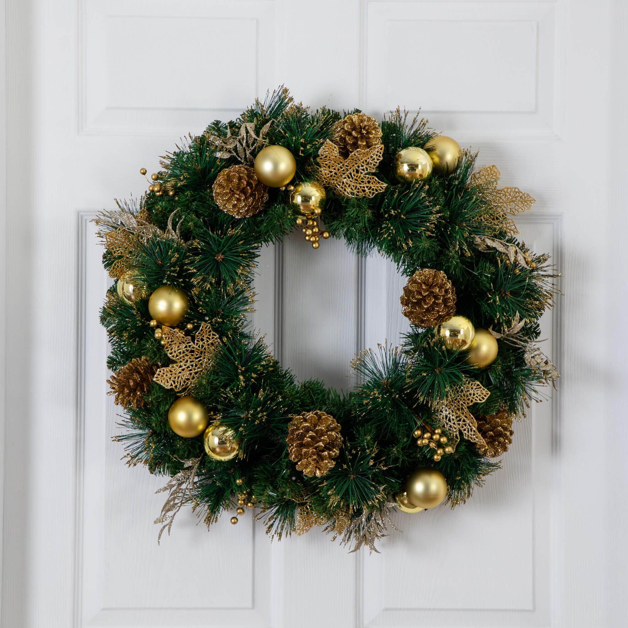 24" Pre-Lit Artificial Golden Frosted Christmas Wreath with 50 Warm White LED Lights Pinecones, Berries and Ornaments - Image 4