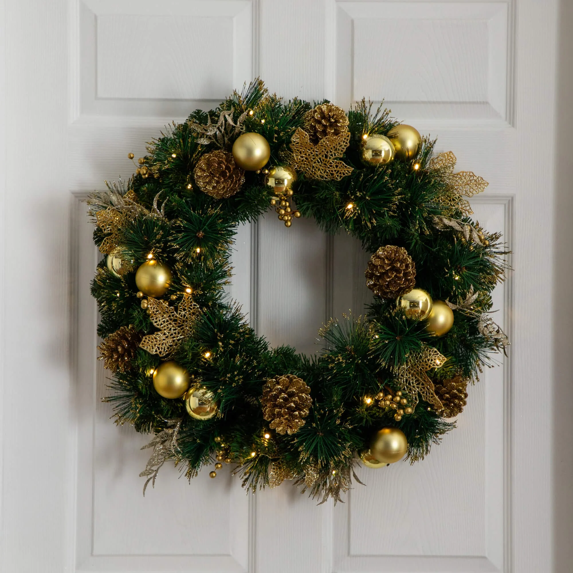 24" Pre-Lit Artificial Golden Frosted Christmas Wreath with 50 Warm White LED Lights Pinecones, Berries and Ornaments - Image 6