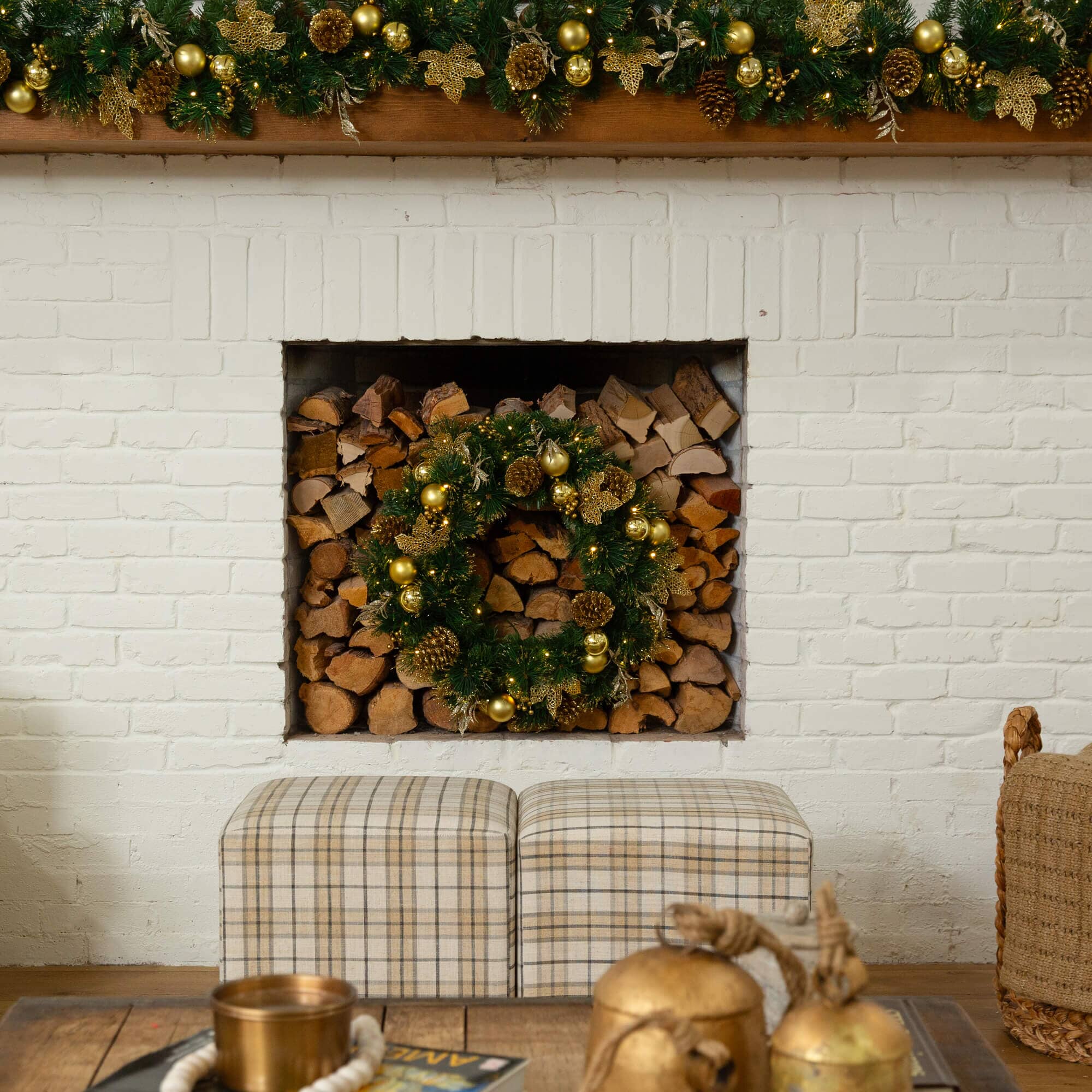 24" Pre-Lit Artificial Golden Frosted Christmas Wreath with 50 Warm White LED Lights Pinecones, Berries and Ornaments - Image 7